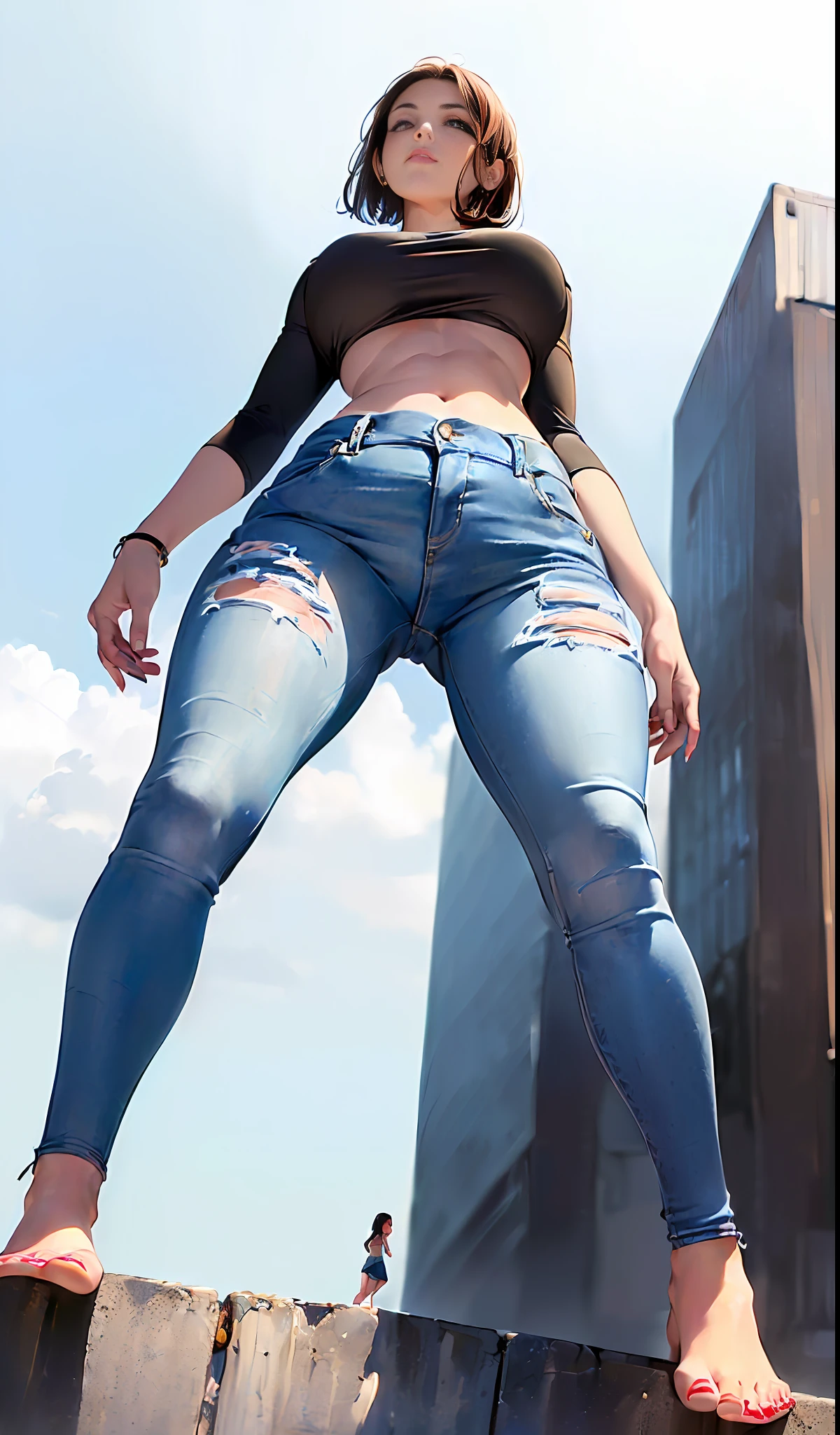 ((((15m giant woman))), one girl, crop top, (((If you look up at the girl from her feet, perspective, lower view))), towering body, sfw, normal clothes, jeans, (1girl:1.9)