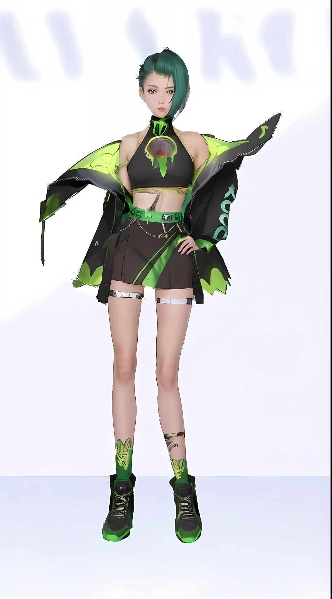 a woman in a short skirt and top with a bat on her shoulder, full body xianxia, insect trainer girl, astral witch clothes, full body adoptable, anime vtuber full body model, lucio as a woman, lunar themed attire, outfit design, made with anime painter studio, anime character; full body art, kda, senna from league of legends