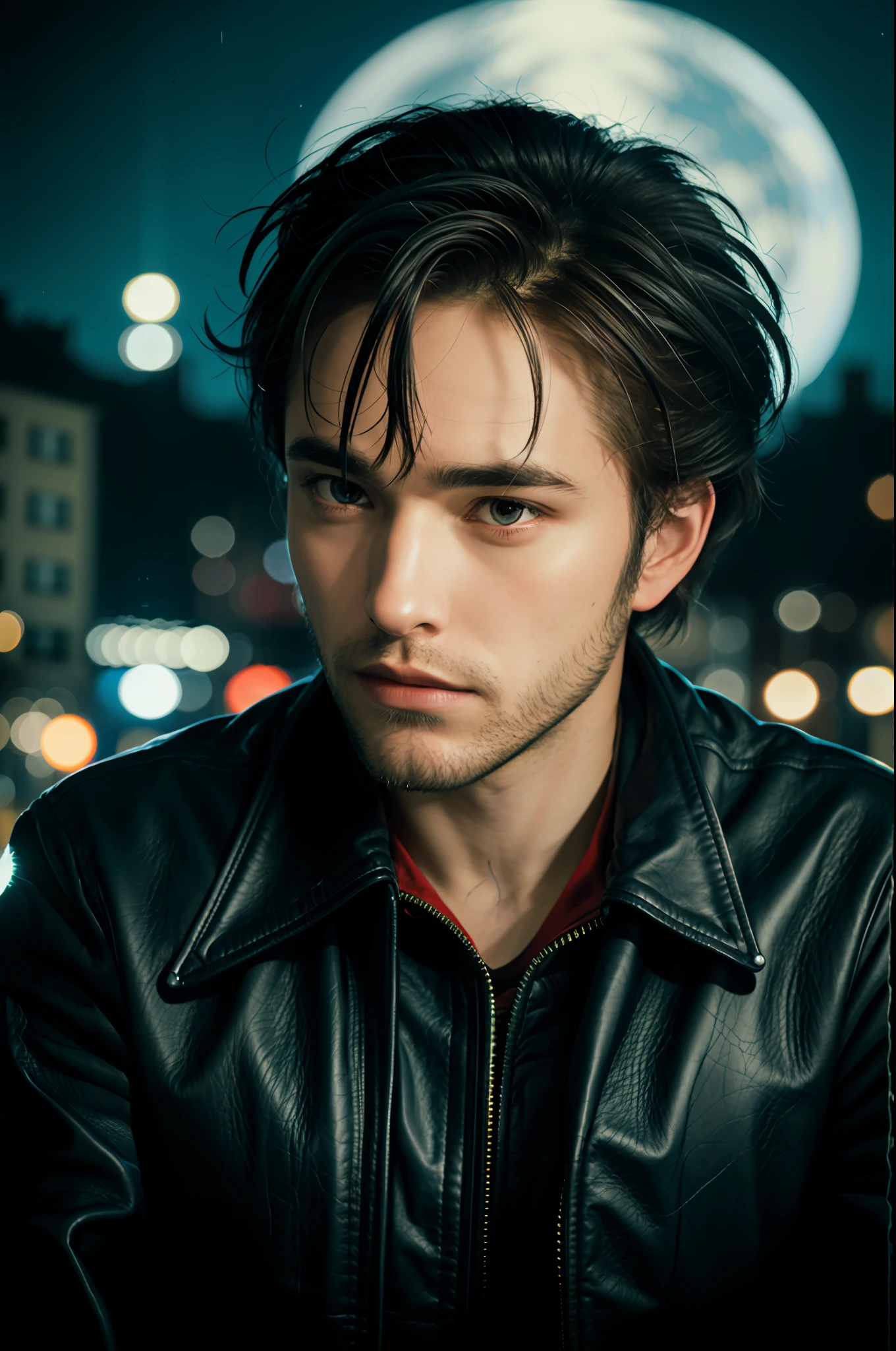 closeup of a man with black hair, red leather jacket looking to the side, over the city at night, cinematic blue lighting, 8K, RAW, HD, stunning masterpiece, menacing smile
