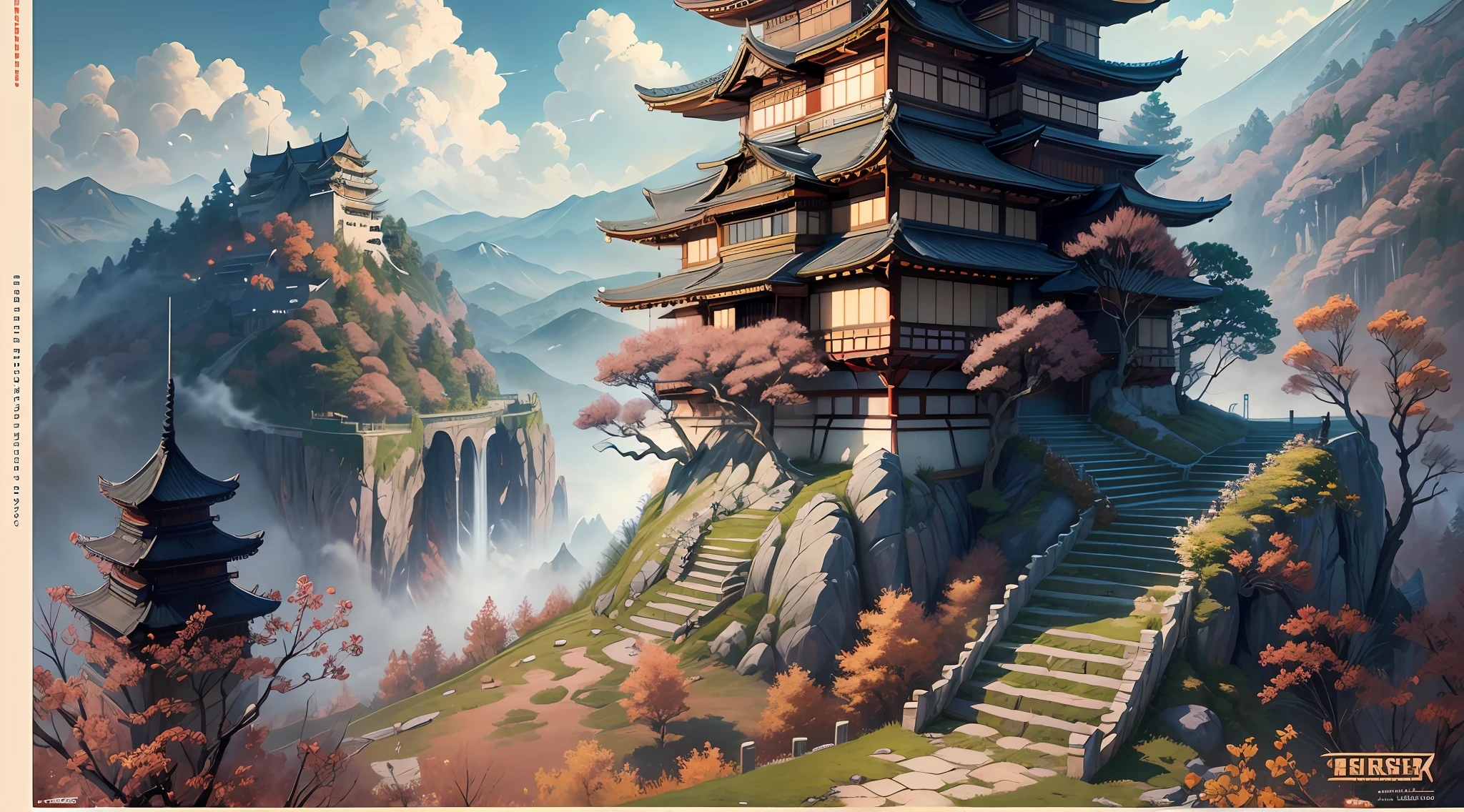 Masterpiece, best quality, (very detailed CG unit 8k wallpaper) (best quality), (best illustration), (best shadows) (male), sekiro on top of a cliff, looking at Ashina castle, feudal Japan, Ray tracing, sinister environment, ultra detailed, , impressionism style , japanese warrior samurai, in attack position, blade, holding, vector style, t shirt design. --v6