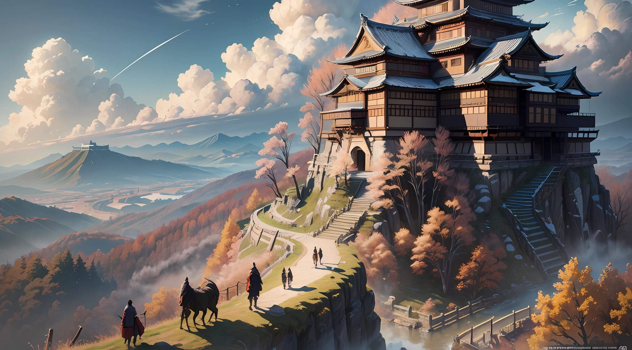 Masterpiece, best quality, (very detailed CG unit 8k wallpaper) (best quality), (best illustration), (best shadows) (male), sekiro on top of a cliff, looking at Ashina castle, feudal Japan, Ray tracing, sinister environment, ultra detailed, , impressionism style , japanese warrior samurai, in attack position, blade, holding, vector style, t shirt design. --v6
