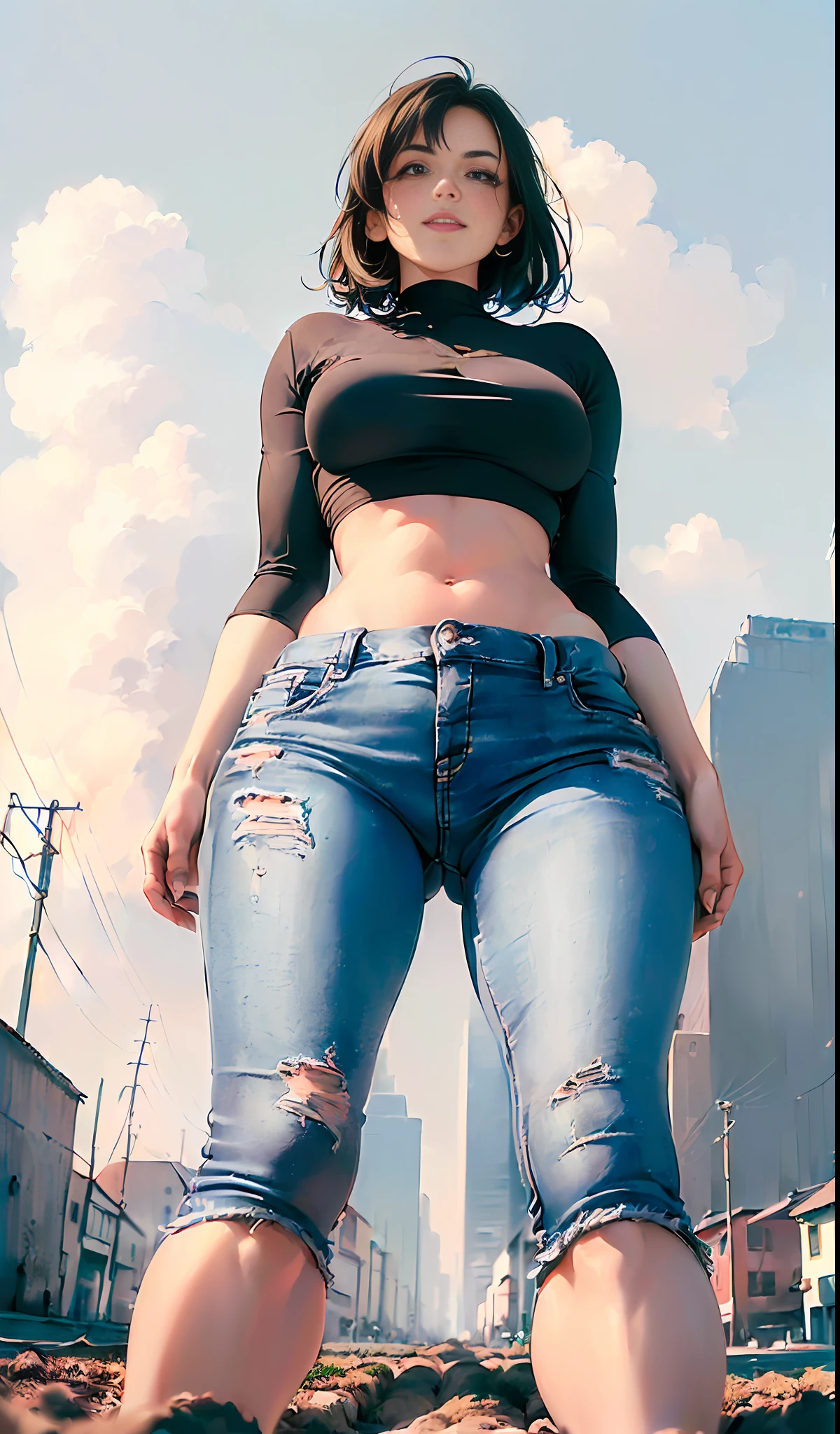 ((((15m giant woman))), one girl, crop top, (((If you look up at the girl from her feet, perspective, lower view))), towering body, sfw, normal clothes, jeans, (1girl:1.9), low angle, looking at viewer, smilling