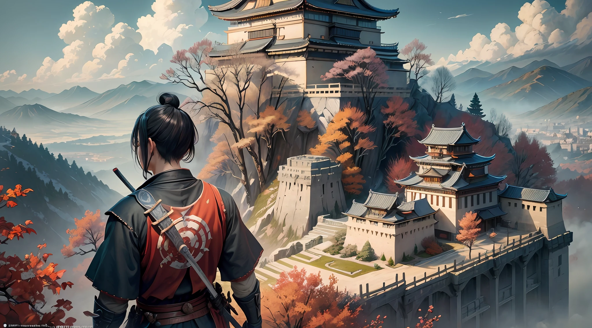 Masterpiece, best quality, (very detailed CG unit 8k wallpaper) (best quality), (best illustration), (best shadows) (male), sekiro on top of a cliff, looking at Ashina castle, feudal Japan, Ray tracing, sinister environment, ultra detailed, , impressionism style , japanese warrior samurai, in attack position, blade, holding, vector style, t shirt design. --v6