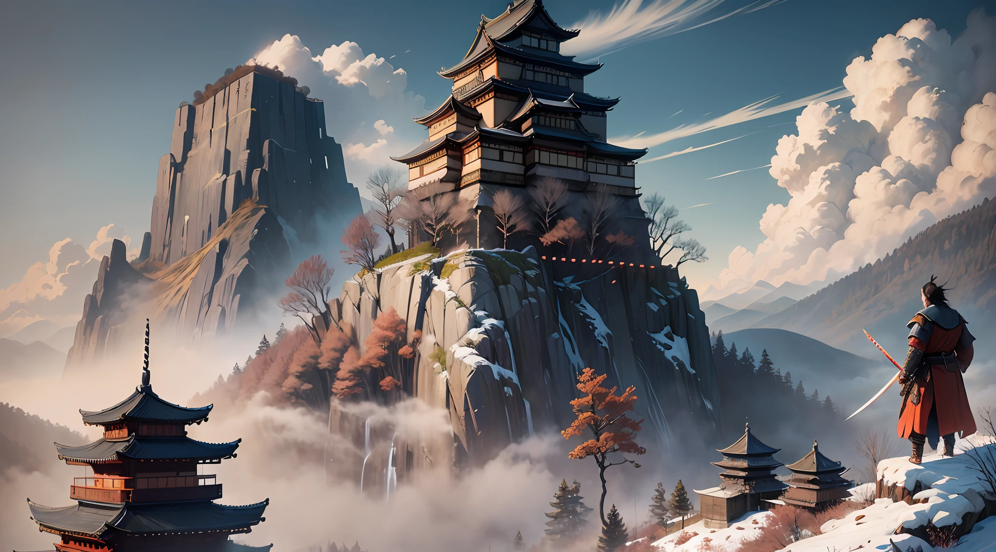 Masterpiece, best quality, (very detailed CG unit 8k wallpaper) (best quality), (best illustration), (best shadows) (male), sekiro on top of a cliff, looking at Ashina castle, feudal Japan, Ray tracing, sinister environment, ultra detailed, , impressionism style , japanese warrior samurai, in attack position, blade, holding, vector style, t shirt design. --v6