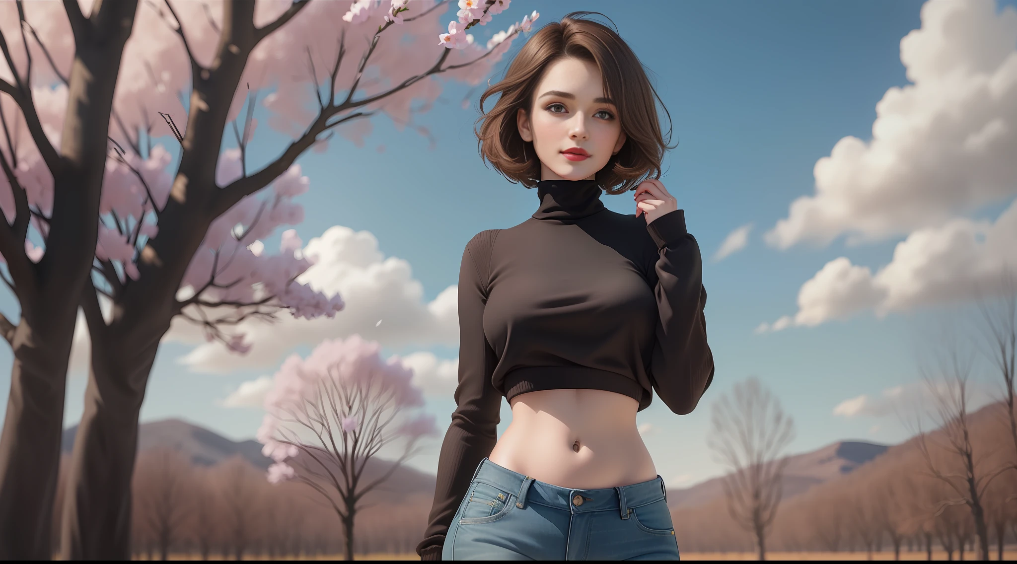 1girl, (((solo)))), ( short brown hair, happy, lipstick, wearing black wool blouse with turtleneck, wearing jeans, serious look: 1.15), masterpiece, body model osculptural, full body in picture, spring afternoon, open field, soft warm light, trees blowing in the wind, looking forward