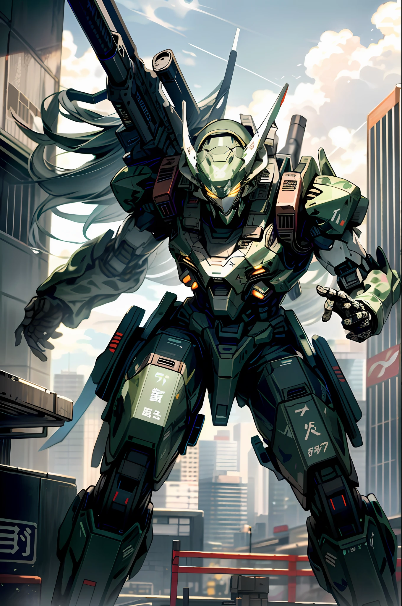 sky, cloud, holding_weapon, no_humans, glowing, , robot, building, glowing_eyes, mecha, science_fiction, city real, mecha, tokyo, optical camouflage, full-pec rifle possession, fierce combat, marked with the Japanese flag