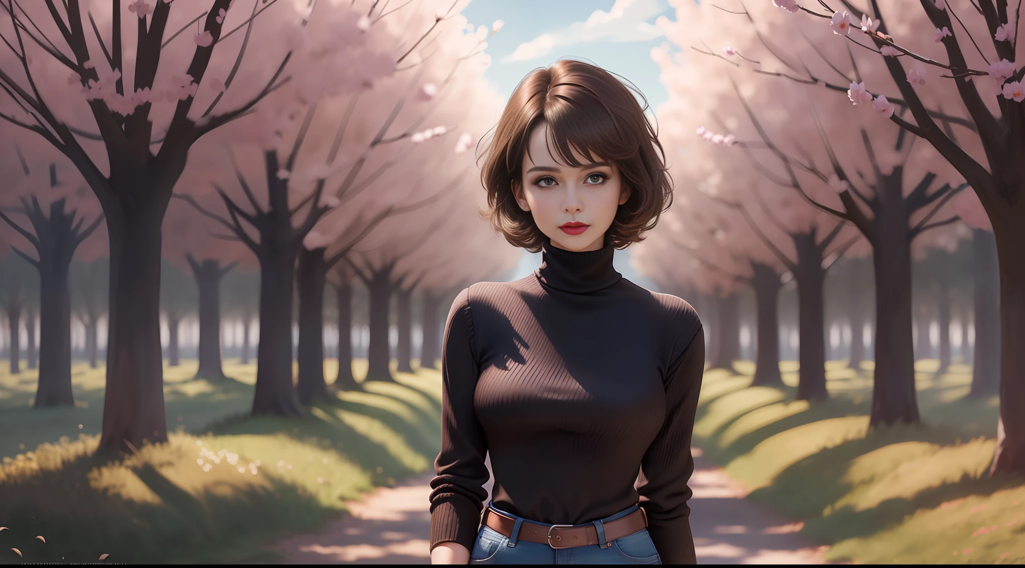 1girl, (((solo)))), ( short brown hair, happy, lipstick, wearing black wool blouse with turtleneck, wearing jeans, serious look: 1.15), masterpiece, body model osculptural, full body in picture, spring afternoon, open field, soft warm light, trees blowing in the wind, looking forward