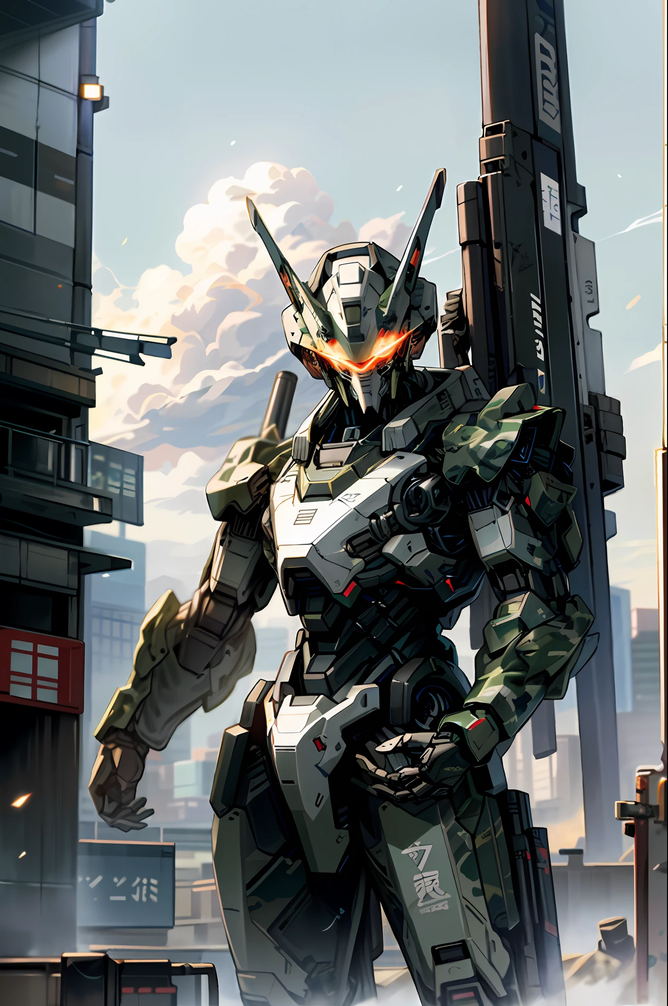 sky, cloud, holding_weapon, no_humans, glowing, , robot, building, glowing_eyes, mecha, science_fiction, city real, mecha, tokyo, optical camouflage, full-pec rifle possession, fierce combat, marked with the Japanese flag