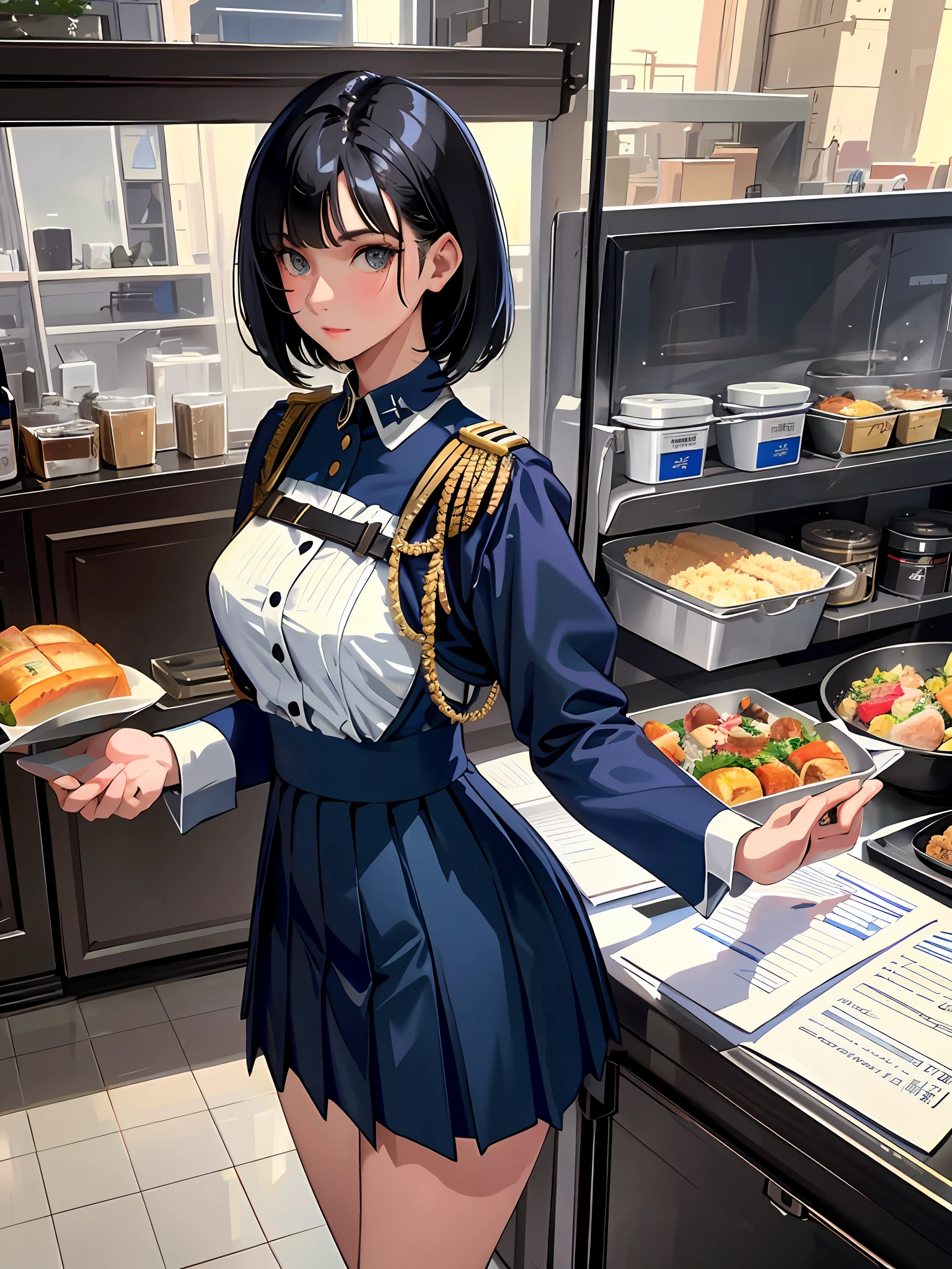 (highest resolution, distinct_image), best quality, masterpiece, highly detailed, semi realistic, a woman with short black hair, mature woman, triple bangs, blue uniform, blue pleated skirt, military uniform, main perspective, military academy, cafeteria, dining, lunch, with classmates, multiple background, crowd background, etc,