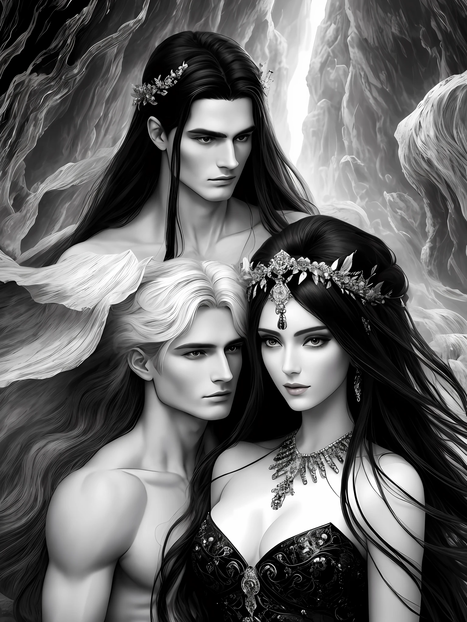 A surreal and ethereal landscape of God Hades (man) with long black hair and beautiful perfect face, strong and perfect body, and the goddess Persephone (woman) with blonde hair and the perfect face, while they are both in a dreamlike embrace in the depths of the underworld, detailed rendering of every detail, detailed rendering of the face, realistic and perfect rendering,  High resolution, 8K.