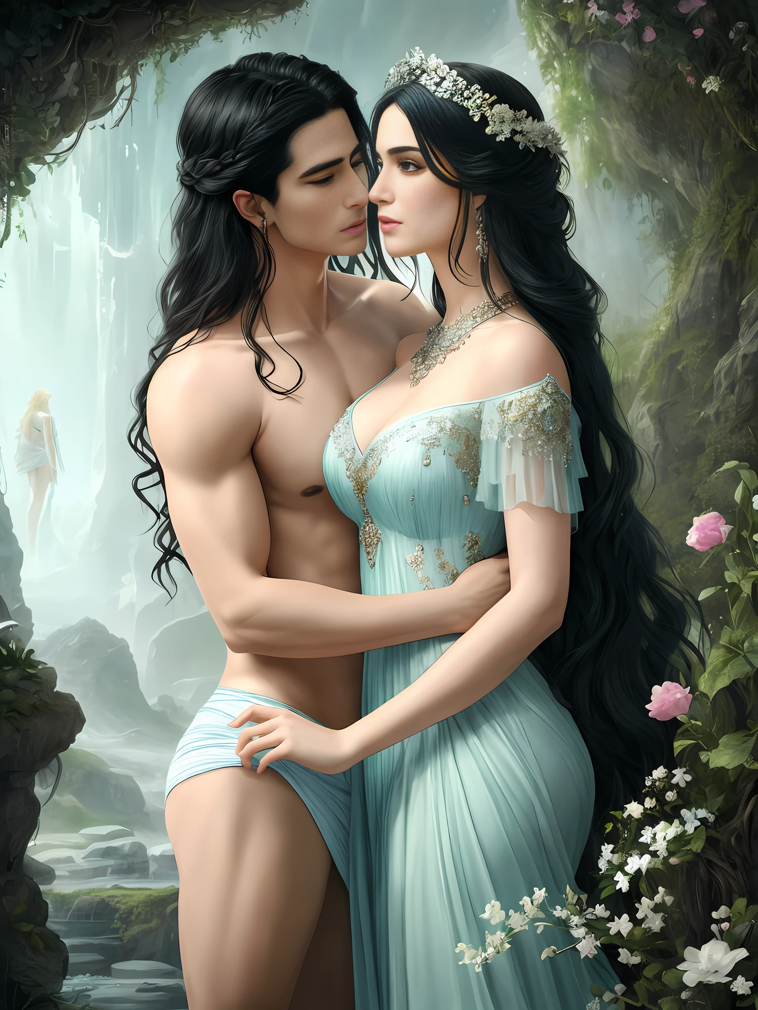 A surreal and ethereal landscape of the Greek God Hades seductive and virile, with long black hair and beautiful perfect face, strong and perfect body, and the Greek goddess Persephone with blonde hair and the perfect face, while they are both in a dreamlike embrace in the depths of the underworld, detailed rendering of every detail, detailed rendering of the face, Realistic and perfect rendering, high resolution, 8K.