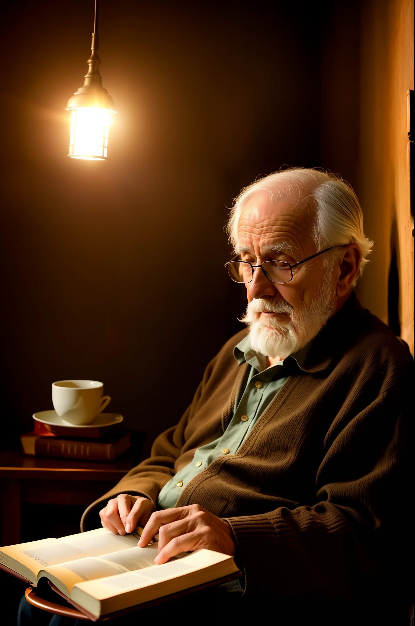 an old man reading an old book, twilight light, warm atmosphere, cultured atmosphere, (masterpiece) (perfect proportion) (photo realistic) (best quality) (detailed) (8k) (HDR) (wallpaper) (cinematic lighting) (sharp focus) (intricate)