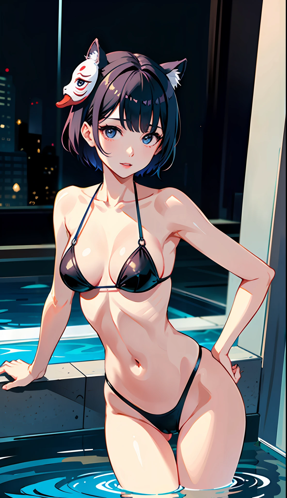 Korean woman, short hair, realistic, sexy body, beautiful waist, perfect anatomy, desirable, beauty, glossy face, wife, cute, aunt in her 30s, member of the National Assembly, (K90 mask), water, dripping on the body,