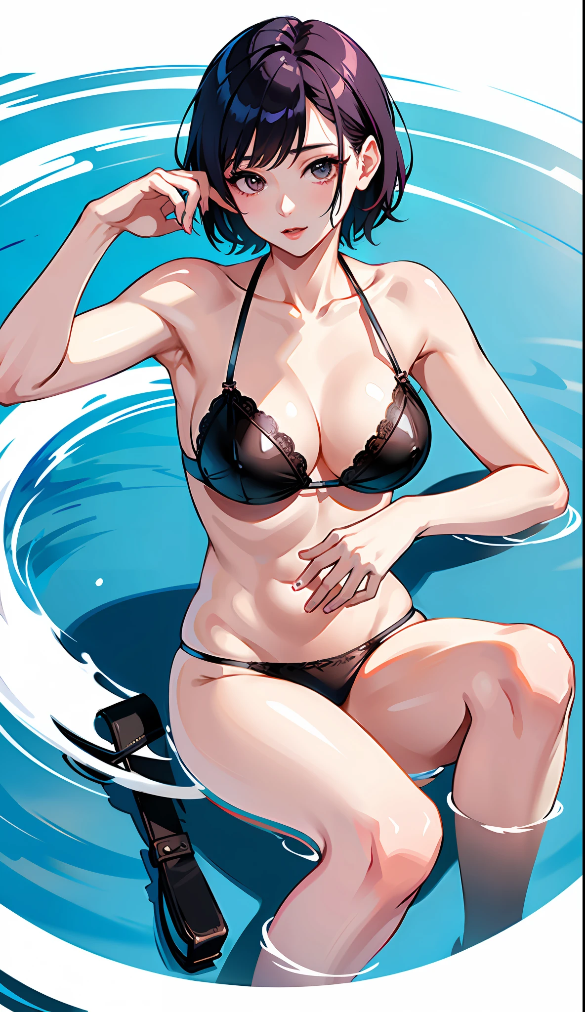 Korean woman, short hair, realistic, sexy body, beautiful waist, perfect anatomy, desirable, beauty, glossy face, wife, cute, aunt in her 30s, member of the National Assembly, (K90 mask), water, dripping on the body,
