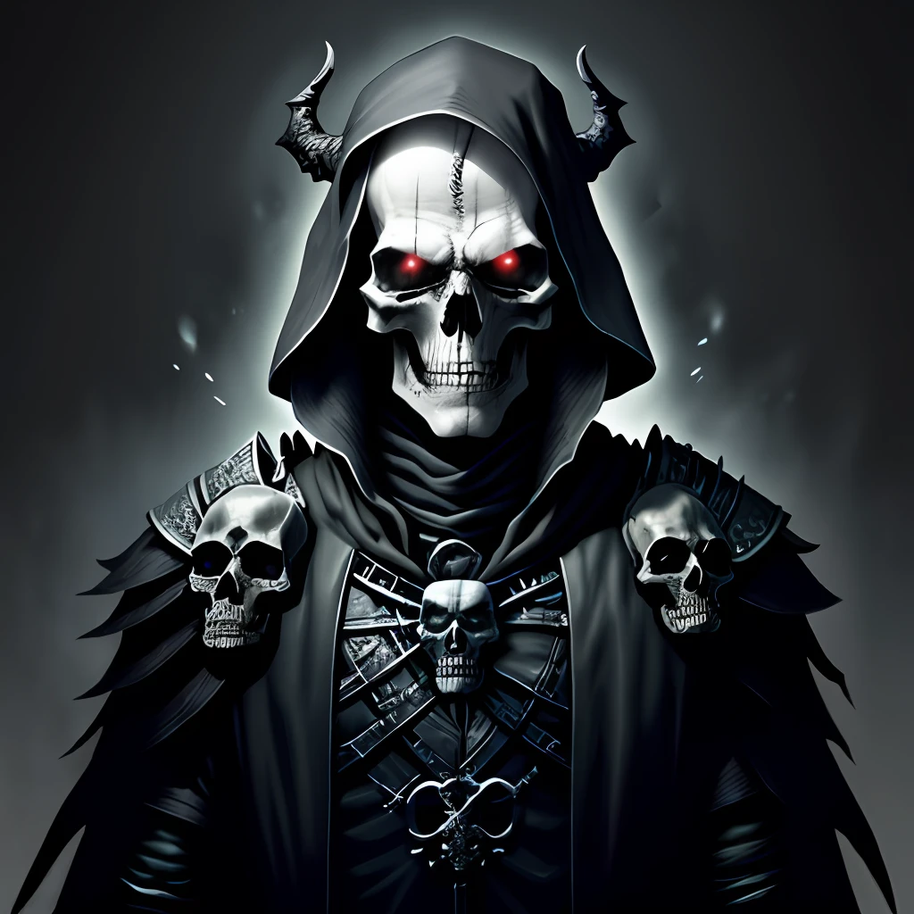 Necromancer with skulls on his shoulders, detailed clothes, dark and vivid colors, dark background