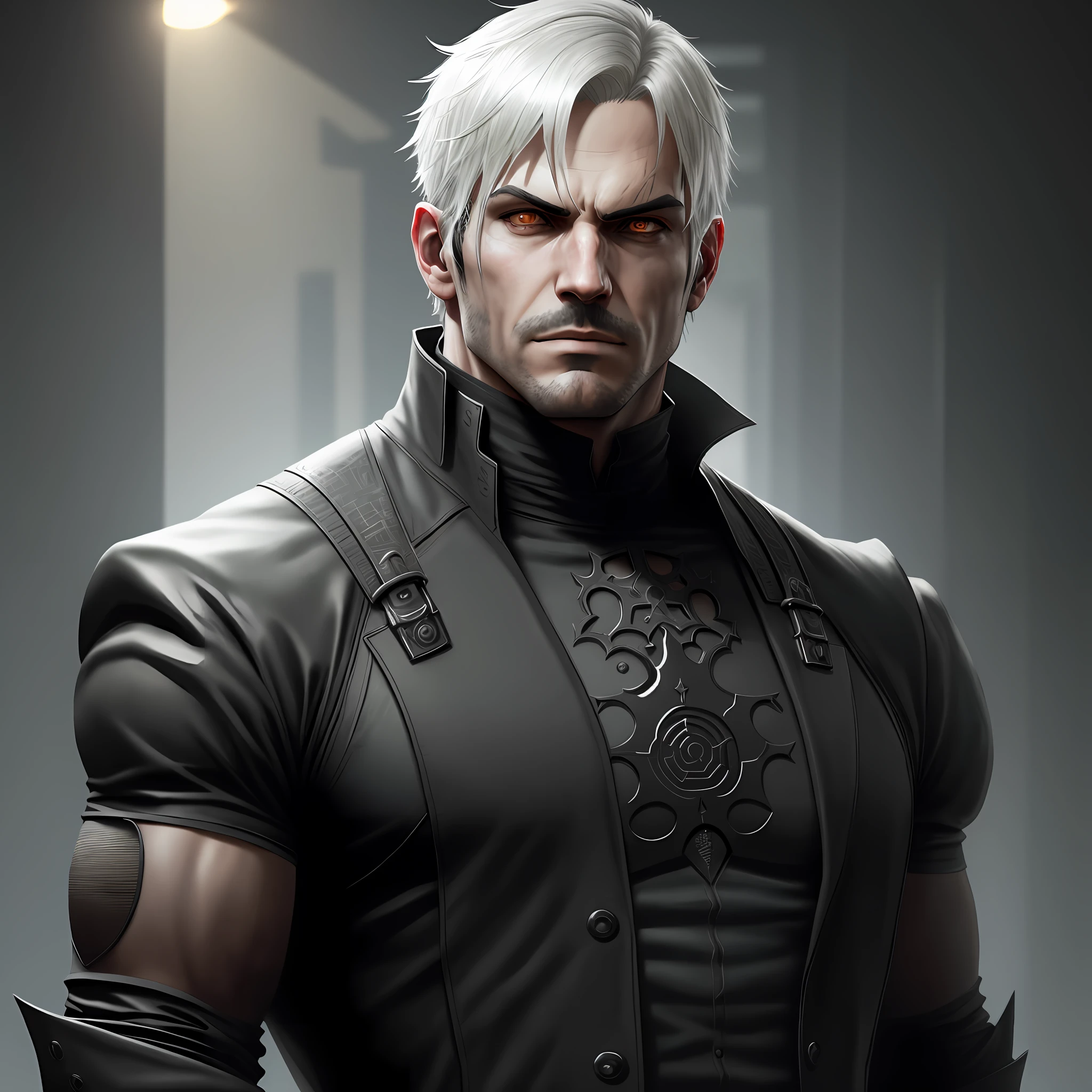 man with black clothing inspired by the game Nier Automata, boss, 4k, high resolution, masterpiece, best quality, sharp focus, (cinematic lighting), [:(detailed face:1.2):0.2]