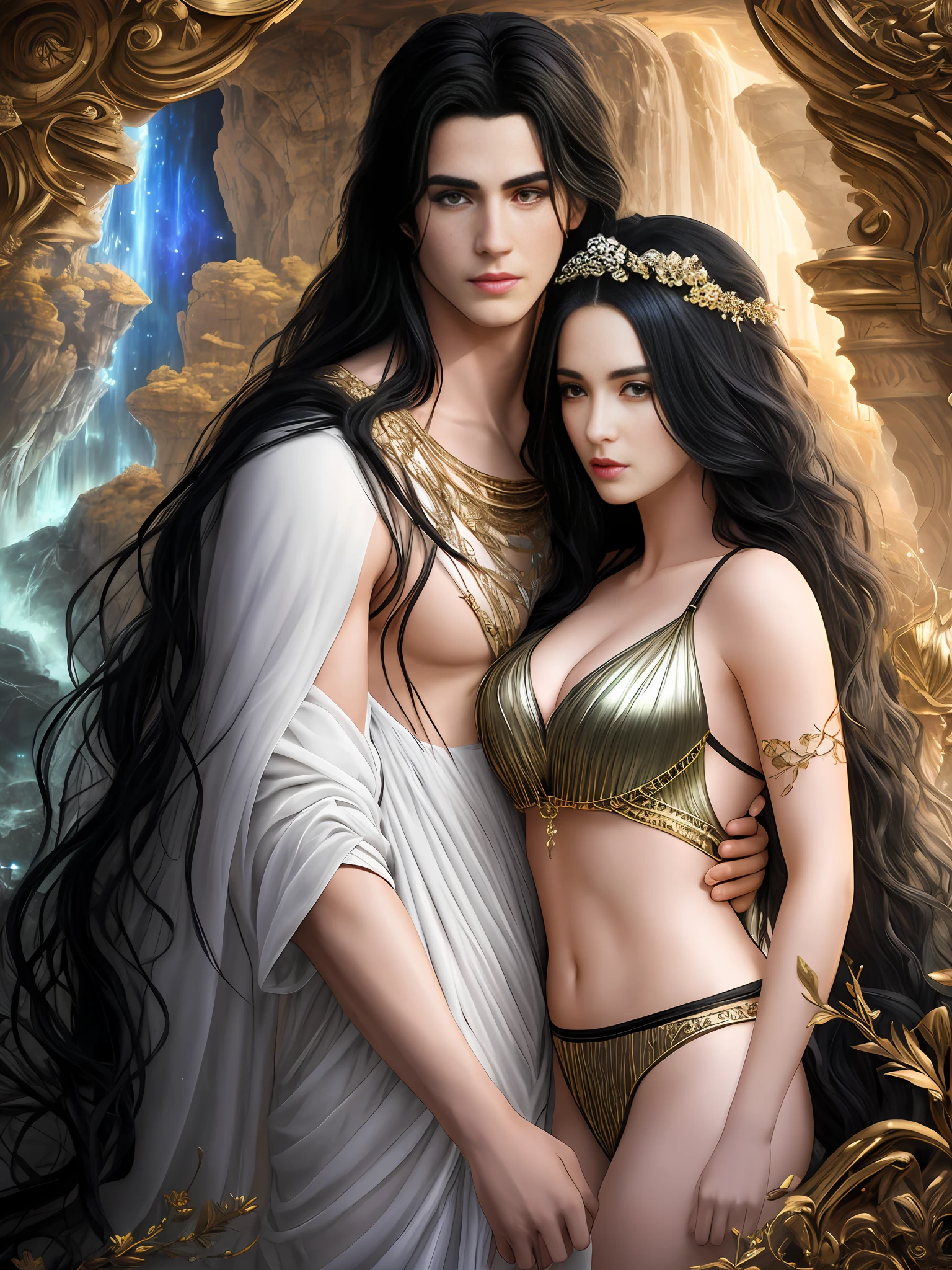 A surreal and ethereal landscape of the Greek God Hades seductive and virile, with long black hair and beautiful perfect face, strong and perfect body, and the Greek goddess Persephone with blonde hair and the perfect face, while they are both in a dreamlike embrace in the depths of the underworld, detailed rendering of every detail, detailed rendering of the face, Realistic and perfect rendering, high resolution, 8K.