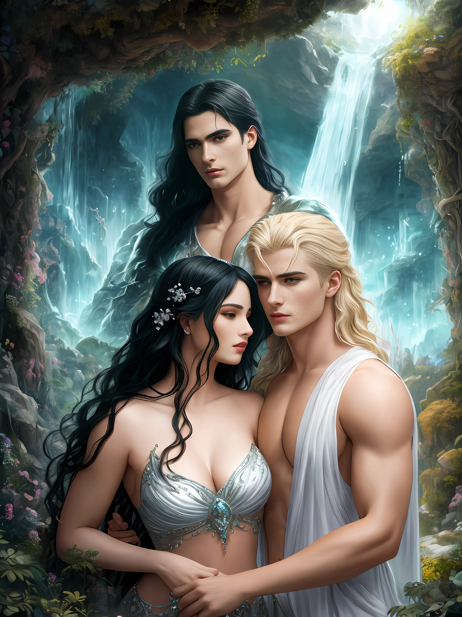 A surreal and ethereal landscape of the Greek God Hades seductive and virile, with long black hair and beautiful perfect face, strong and perfect body, and the Greek goddess Persephone with blonde hair and the perfect face, while they are both in a dreamlike embrace in the depths of the underworld, detailed rendering of every detail, detailed rendering of the face, Realistic and perfect rendering, high resolution, 8K.