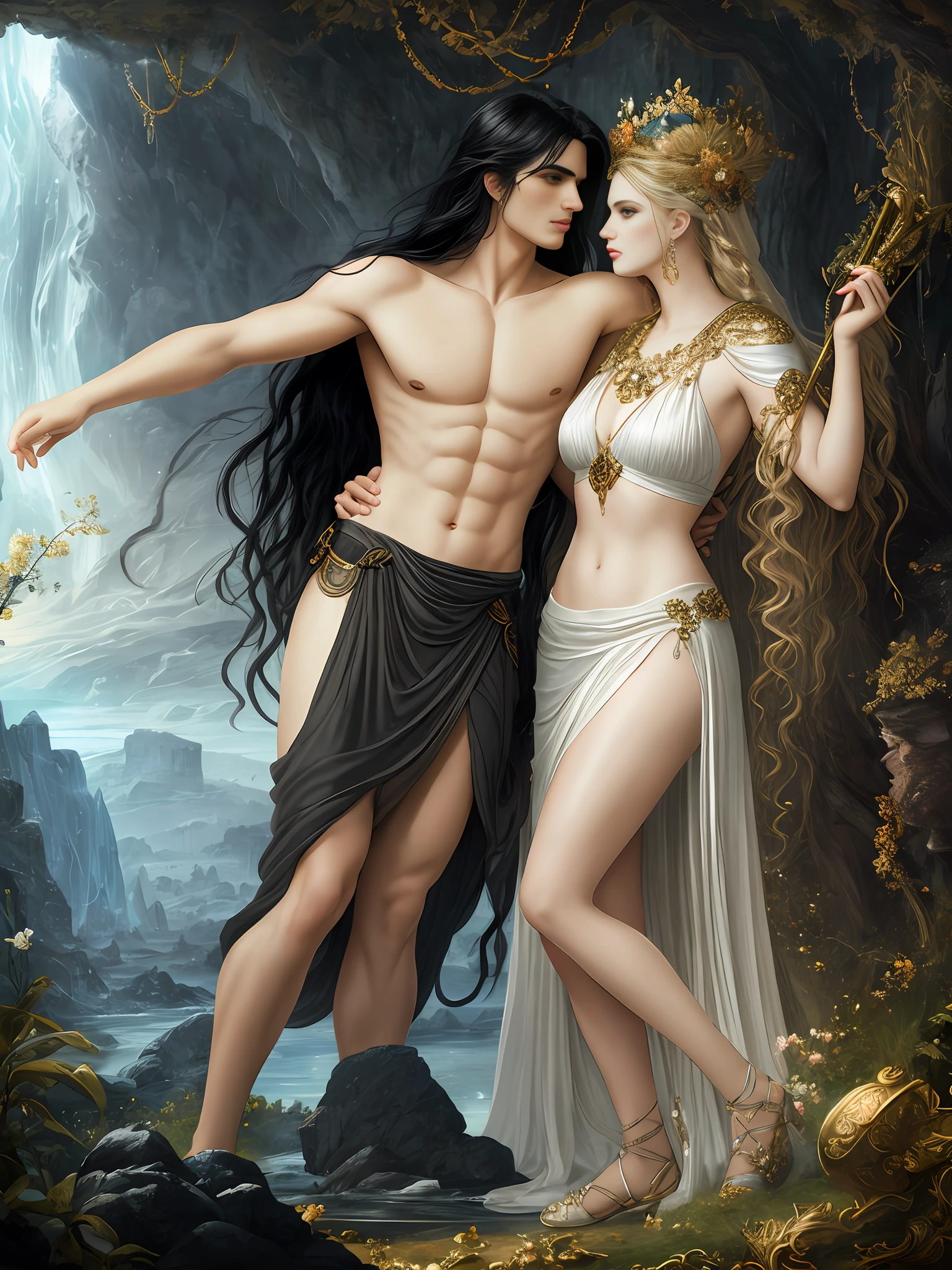 A surreal and ethereal landscape of the Greek God Hades seductive and virile, with long black hair and beautiful perfect face, strong and perfect body, and the Greek goddess Persephone with blonde hair and the perfect face, while they are both in a dreamlike embrace in the depths of the underworld, detailed rendering of every detail, detailed rendering of the face,  Realistic and perfect rendering, high resolution, 8K.