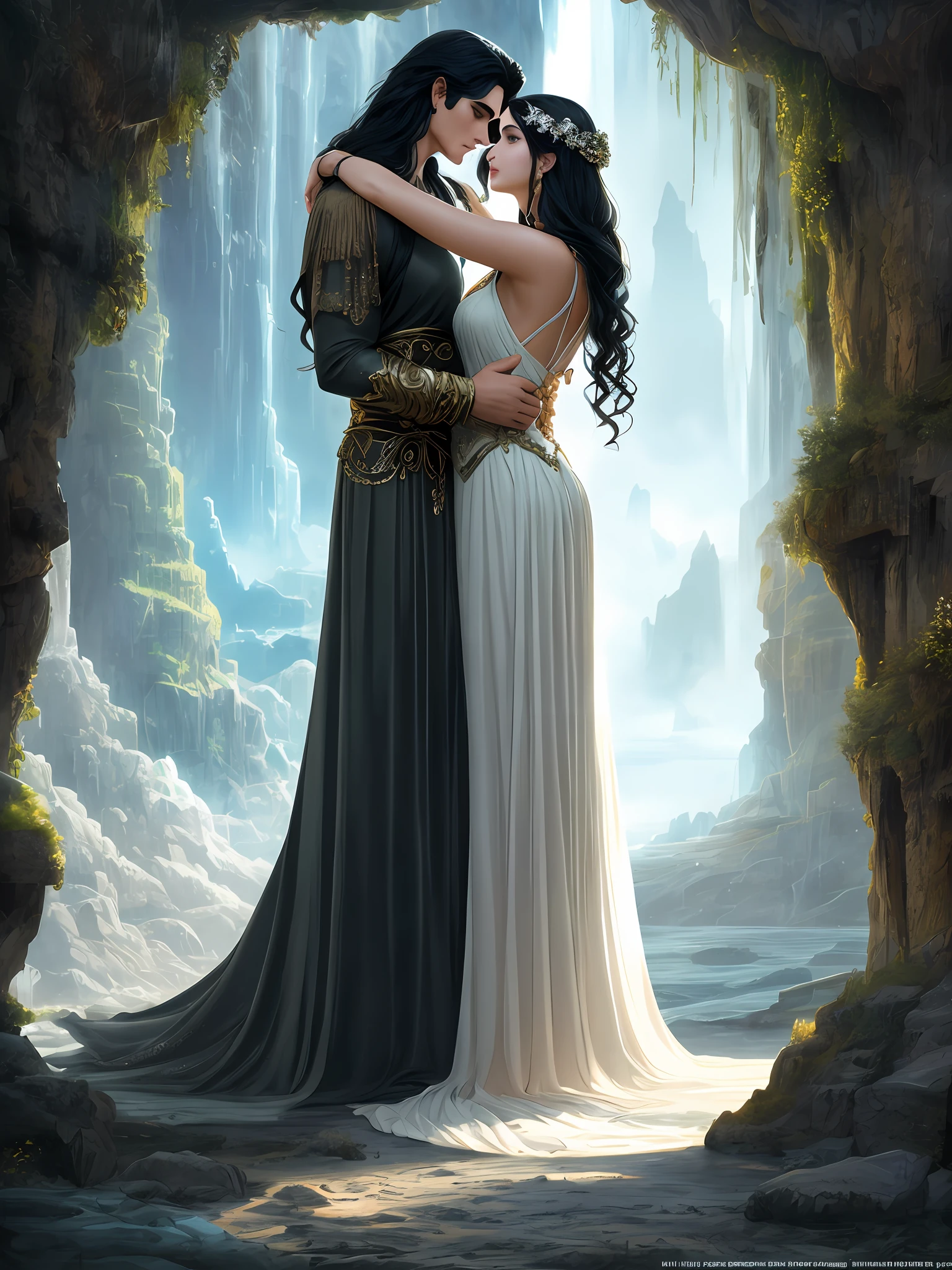 A surreal and ethereal landscape of the Greek God Hades, tall and imposing, seductive and manly, with long black hair and beautiful perfect face, strong and perfect body, and the Greek goddess Persephone with blonde hair and the perfect face, while they are both in a dreamlike embrace in the depths of the underworld, detailed rendering of every detail,  Detailed rendering of the face, realistic and perfect rendering, high resolution, 8K.