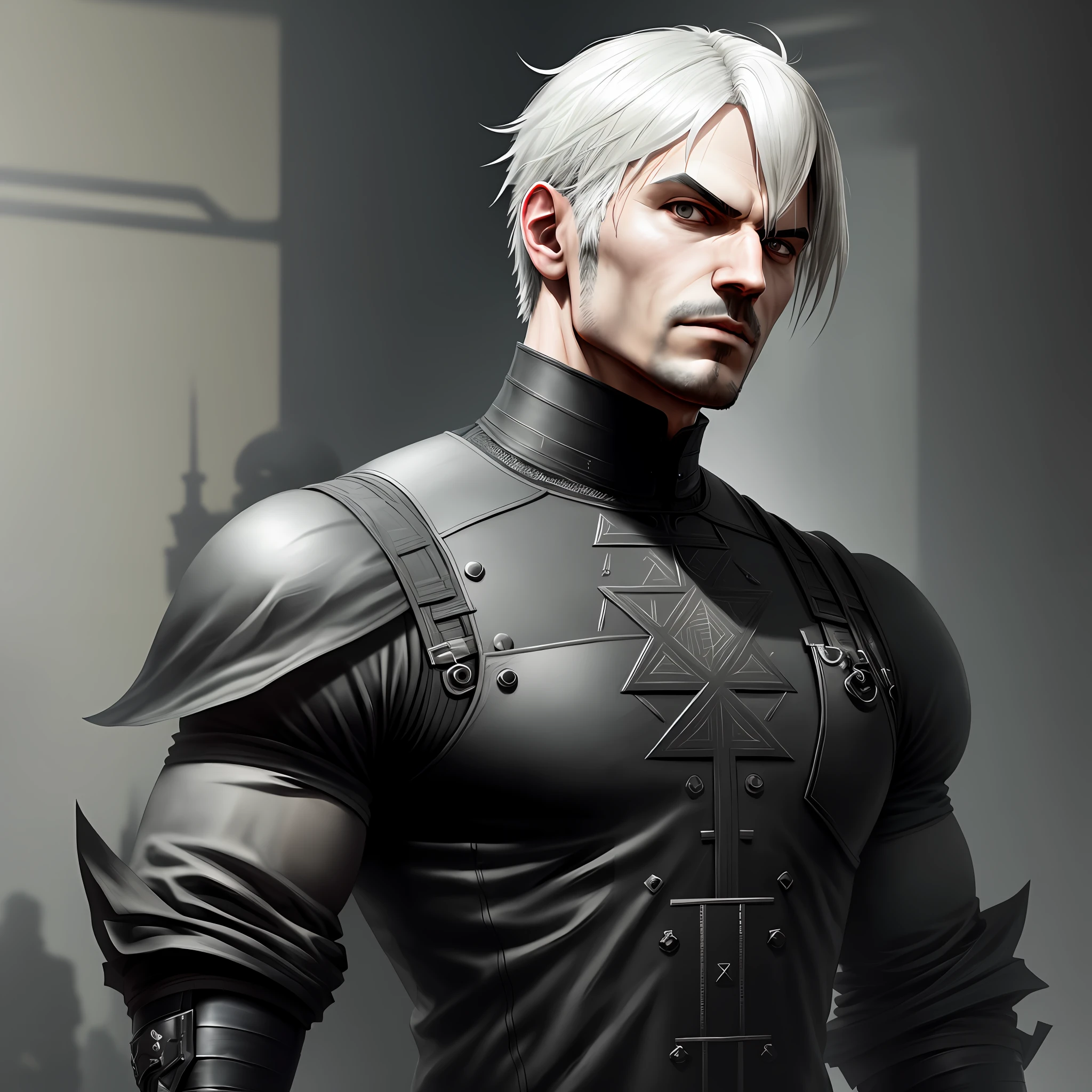 man with black clothing inspired by the game Nier Automata, boss, 4k, high resolution, masterpiece, best quality, sharp focus, (cinematic lighting), [:(detailed face:1.2):0.2]
