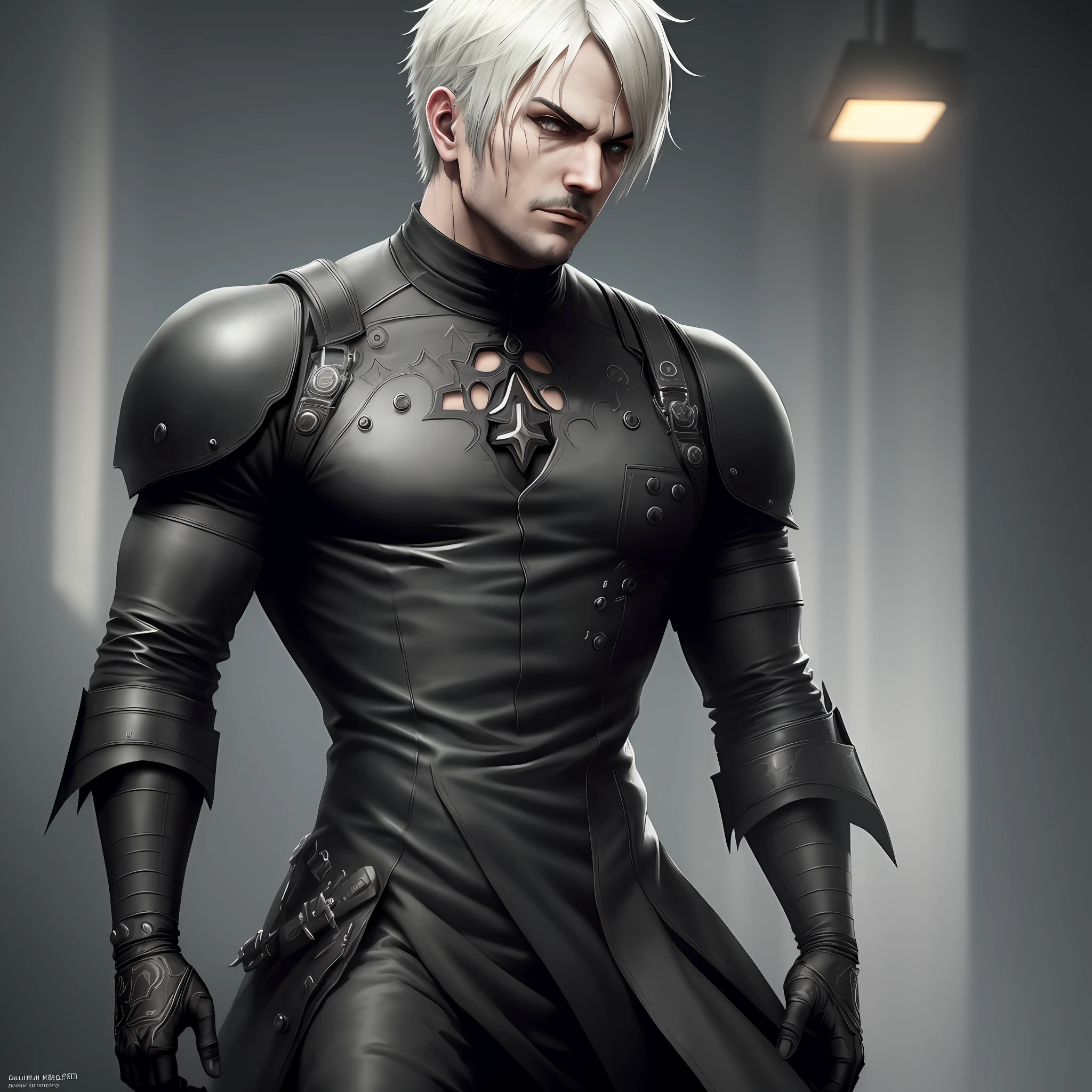 man with black clothing inspired by the game Nier Automata, boss, 4k, high resolution, masterpiece, best quality, sharp focus, (cinematic lighting), [:(detailed face:1.2):0.2]