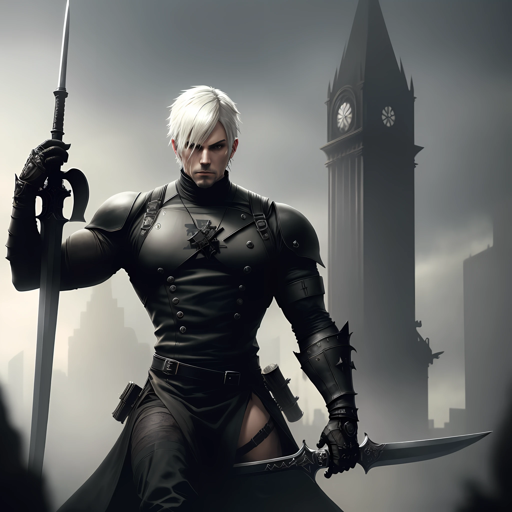 man with black clothing inspired by the game Nier Automata with a big sword on the back, 4k, high resolution, masterpiece, best quality, sharp focus, (cinematic lighting), [:(detailed face:1.2):0.2]