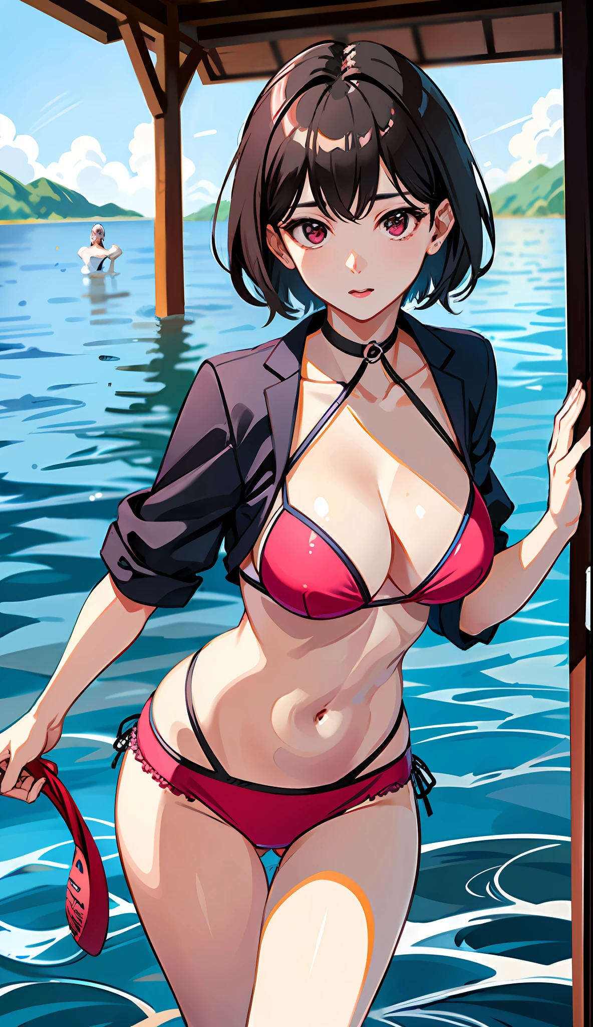 Korean woman, short hair, realistic, sexy body, beautiful waist, perfect anatomy, desirable, beauty, bright face, wife, handsome, aunt in her 30s, member of the National Assembly, (K90 mask), water, dripping on body, pink bikini, walking in public, walking with strangers