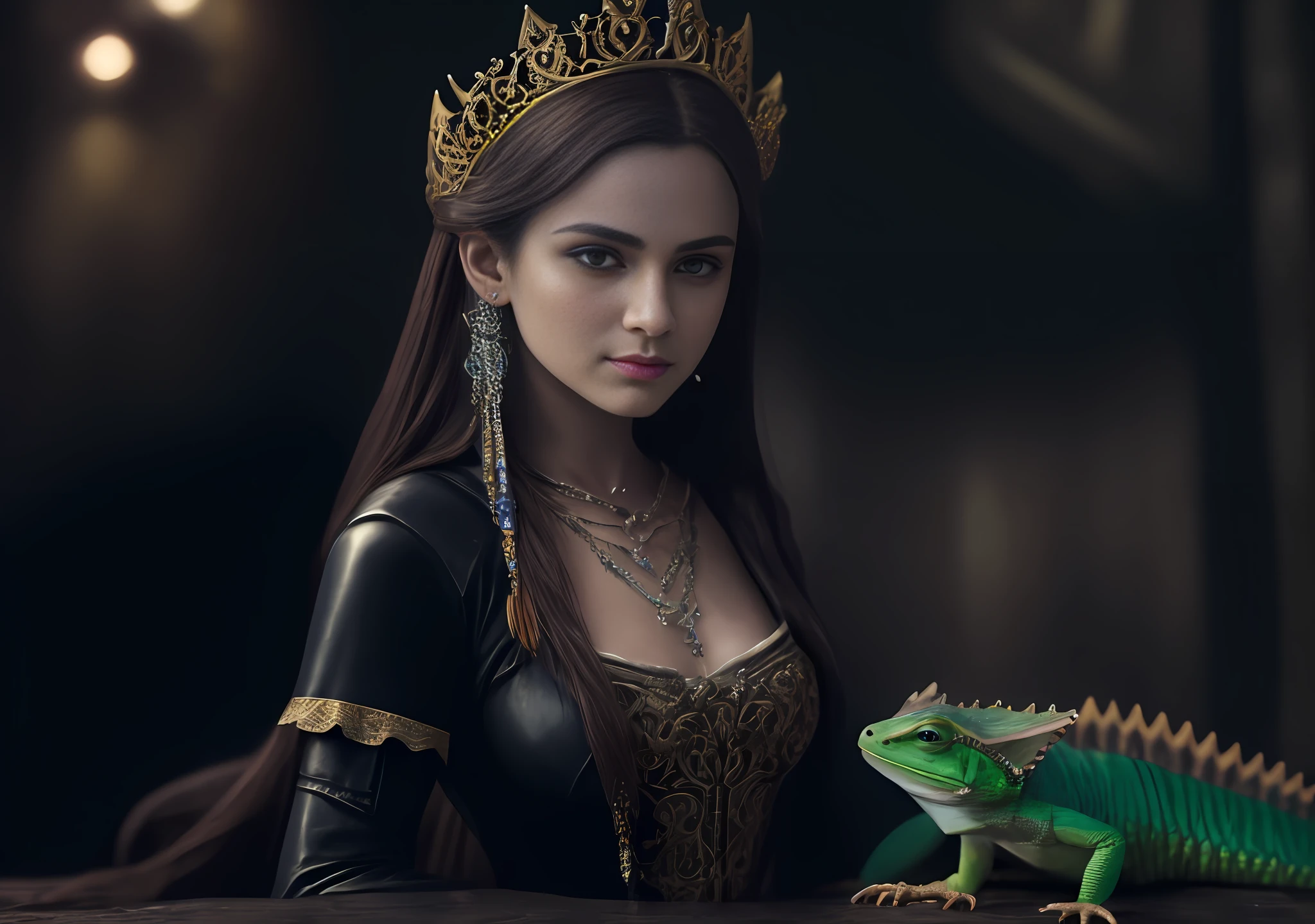 Queen in medieval dress riding a colored lizard, brown hair, tiara, brown eyes, slight smile, conceptual art, gothic art, cinematic lighting, Fujicolor, cinematic 4D rendering, rich 3D rendering, UHD, masterpiece, anatomically correct, textured leather, super detail, high detail, super textures, high quality, high resolution, 8k
