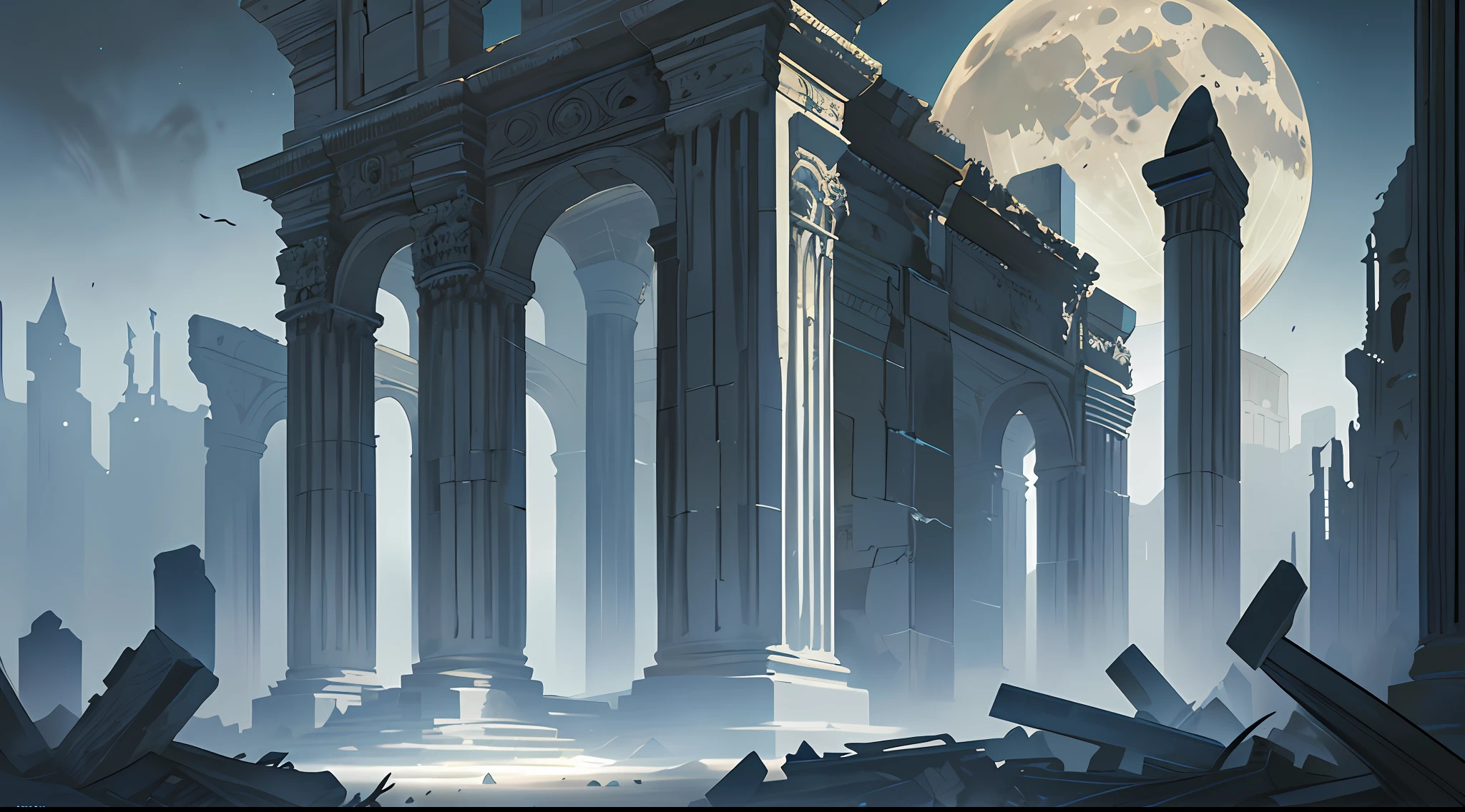 "An ultra-detailed masterpiece dark ruins with intricate details emphasized on the large black feathers. The realism of the image is highlighted by dark moon lighting a best-quality and ultra-detailed illustration, detailed moon."