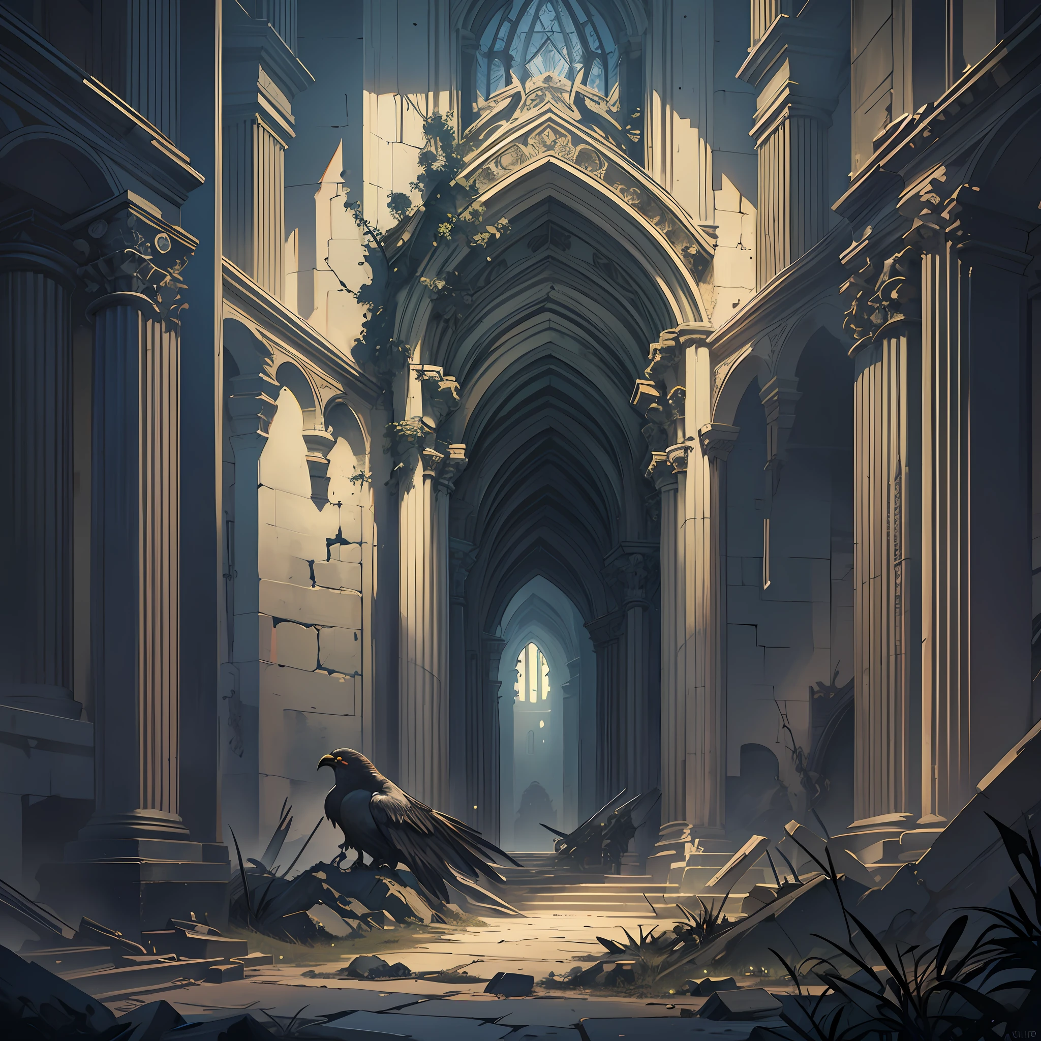 "An ultra-detailed masterpiece dark ruins with intricate details emphasized on the large black feathers. The realism of the image is highlighted by delicate lighting a best-quality and ultra-detailed illustration."