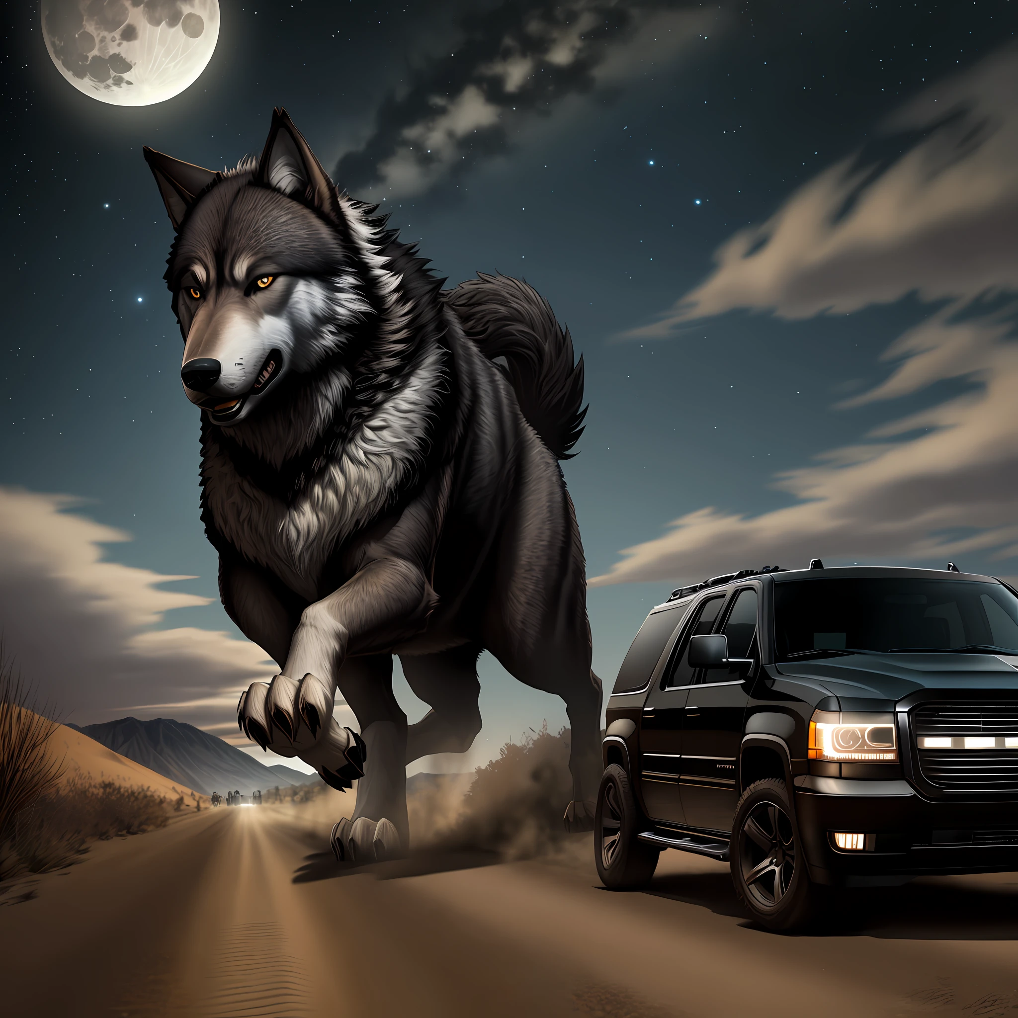 Giant wolf running on a dirt road behind a black suburban car on a full moon night