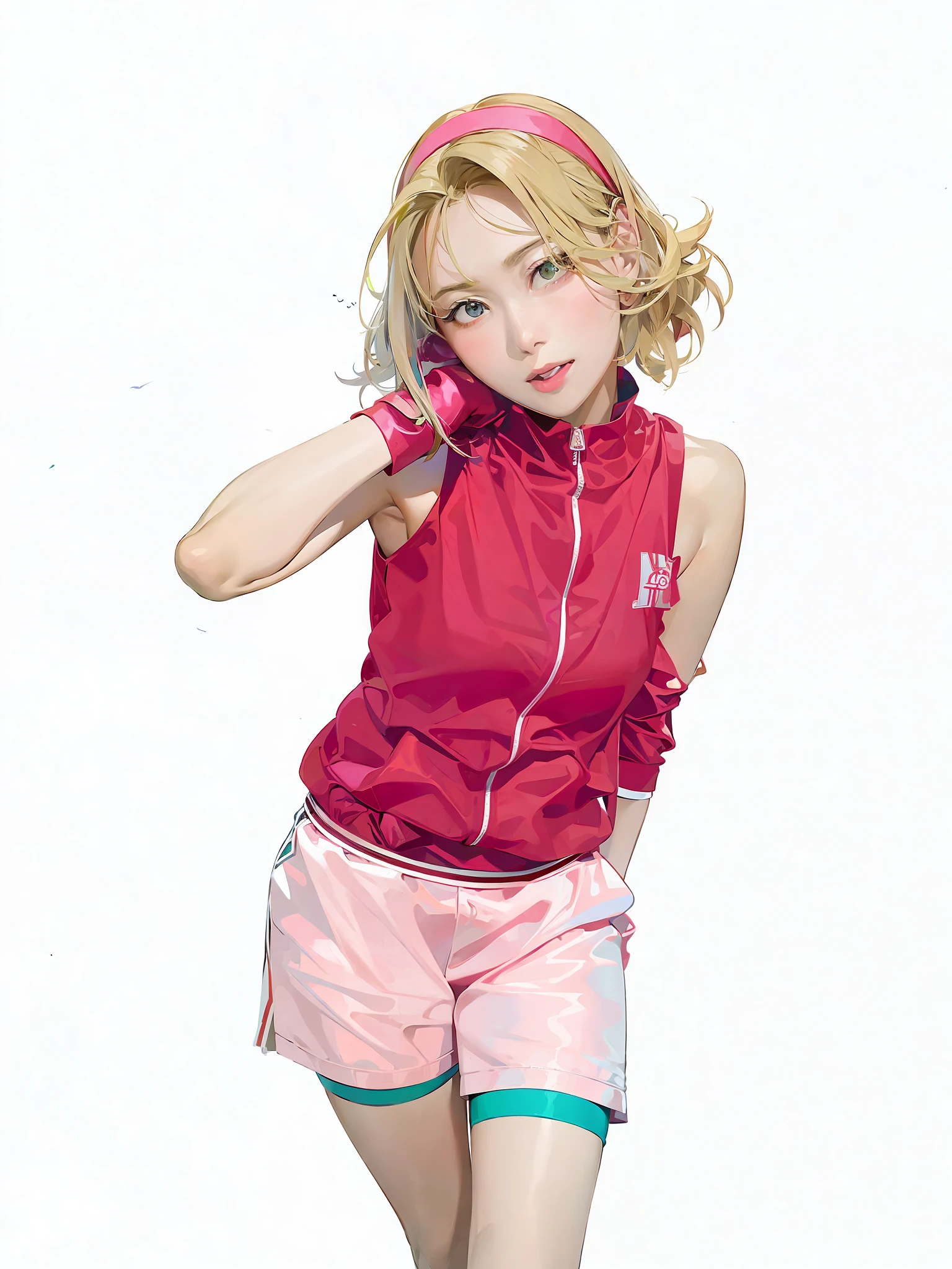 araffe girl in a red shirt and pink shorts posing for a picture, roseanne park of blackpink, jia, cute sportswear, official artwork, park ji-min, jinyoung shin, heonhwa choe, sun yunjoo, portrait of female korean idol, taejune kim, sha xi, ji-min, jaeyeon nam, korean idol, wearing a track suit