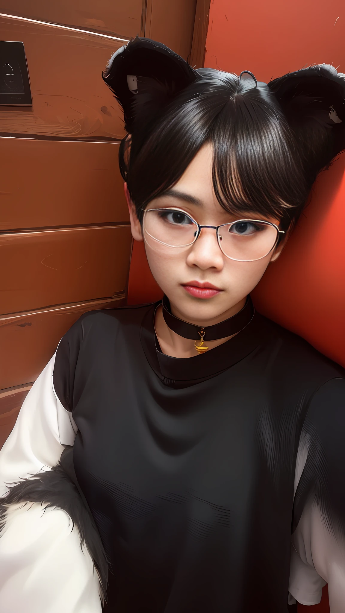 there is a woman with glasses and a cat ears on her head, a picture inspired by Leng Mei, tumblr, realism, ulzzang, wearing big black circle glasses, male ulzzang, with glasses, ruan cute vtuber, with round face, dang my linh, profile image, wearing thin large round glasses, with sunglass