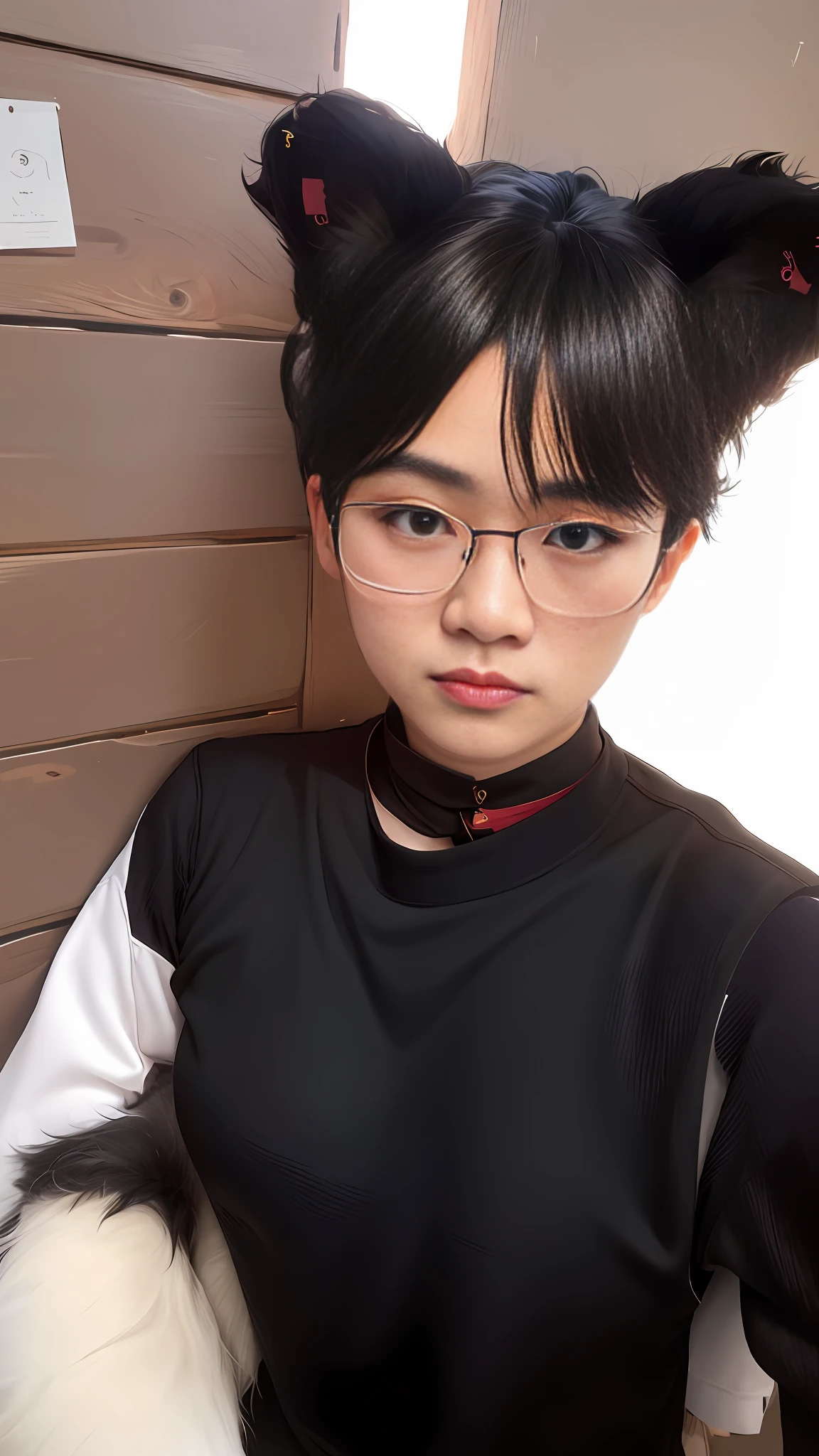 there is a woman with glasses and a cat ears on her head, a picture inspired by Leng Mei, tumblr, realism, ulzzang, wearing big black circle glasses, male ulzzang, with glasses, ruan cute vtuber, with round face, dang my linh, profile image, wearing thin large round glasses, with sunglass