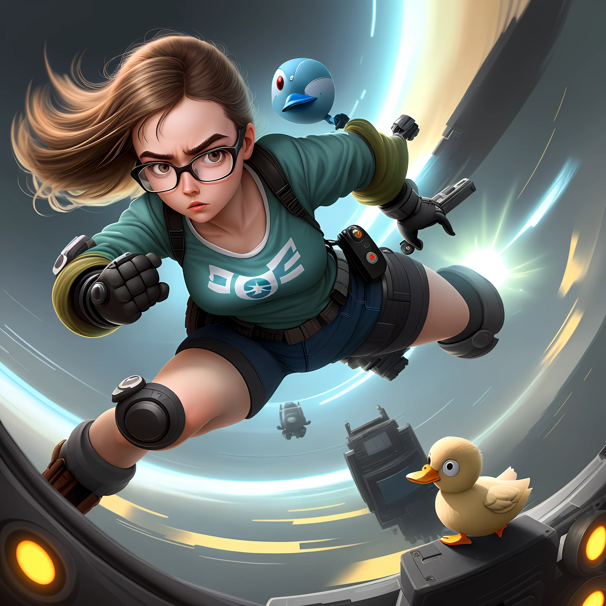 "((best_quality)),Ultra-detailed, combining the styles of Pixar and sci-fi, portrays a serious girl in glasses fighting in the surreal space between an atom and a duck."