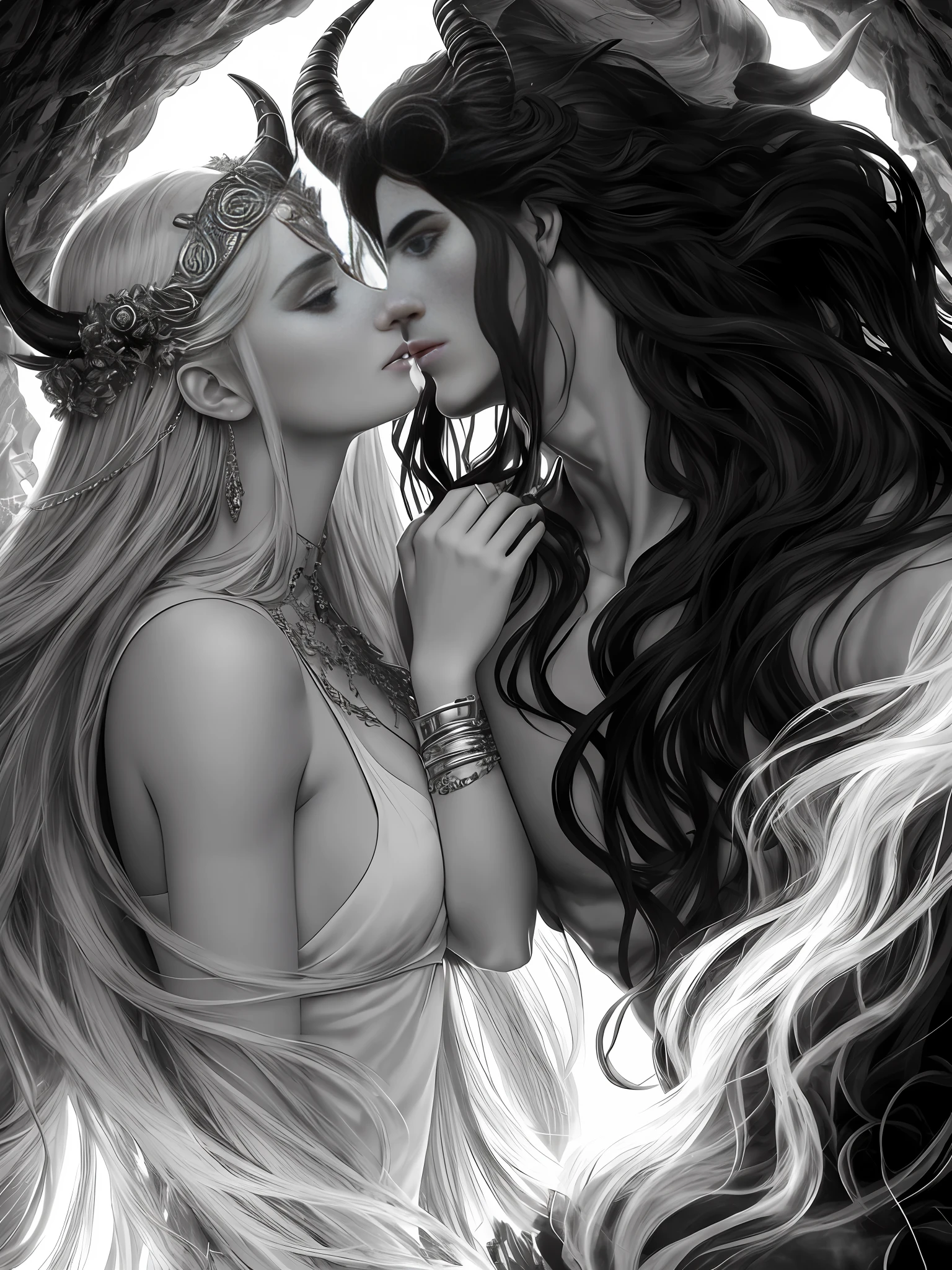 A surreal and ethereal landscape of the Greek God Hades, tall and imposing, seductive and manly, with long black hair and beautiful perfect face, strong and perfect body, and the Greek goddess Persephone with blonde hair and the perfect face, while they are both in a dreamlike embrace in the depths of the underworld, detailed rendering of every detail, Detailed face rendering, realistic and perfect rendering, high resolution, 8K. 1. Hades with Horns, 2. Lower Persephone, 3. Hades and Persephone with horns, 4. Hades and Persephone kissing.