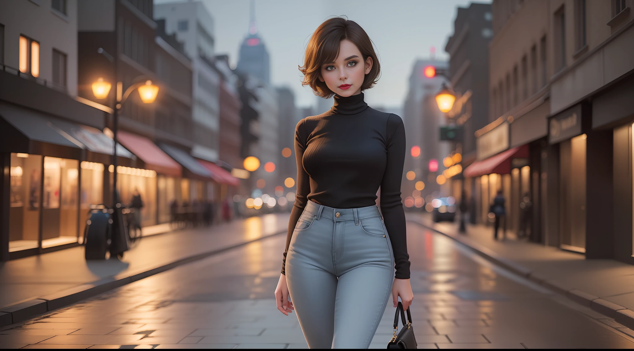 1girl, (((solo))), (short brown hair, happy, lipstick, wearing black wool blouse with turtleneck, wearing jeans, serious look: 1.15), masterpiece, body model osculptural, full body in picture, night, city lit in background, sidewalk, looking forward