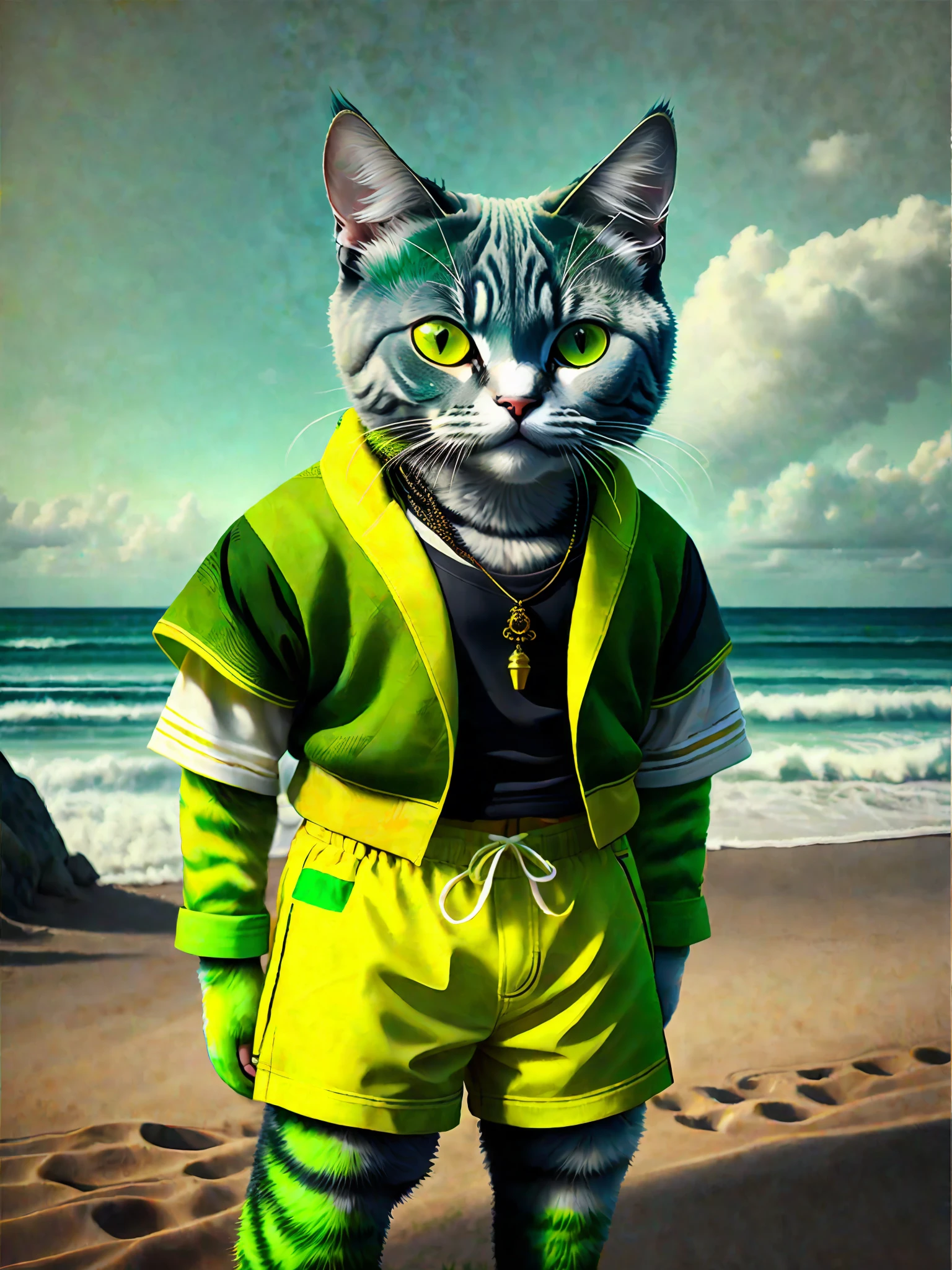 image of a beautiful Chartreux cat, trend of the art season, dressed in beachwear, hyper realistic detailed rendering, Brazilian gang member, urban style, relaxed pose, planet of cats, fashion clothes, urban samurai, meow, west slavic traits, 8 1 5