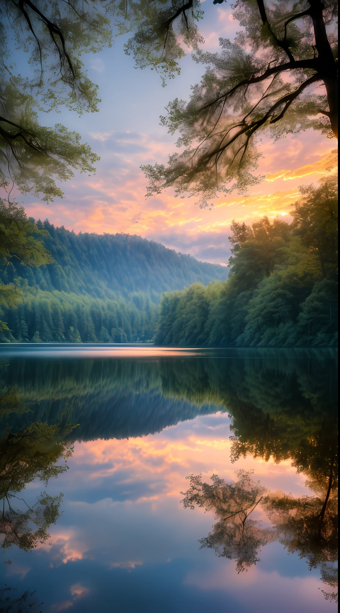 Wallpaper, summer, lake, dawn, forest, clouds, dawn background, depth of field, HD detail, hyperdetail, cinematic, soft light, deep field focus bokeh, ray tracing, diffuse (ultra-fine glass reflection) and realism. --v6