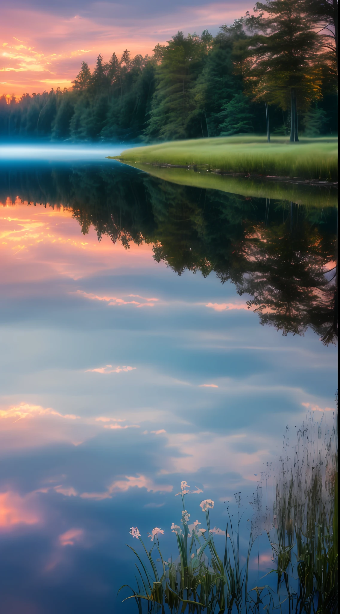 Wallpaper, summer, lake, dawn, forest, clouds, dawn background, depth of field, HD detail, hyperdetail, cinematic, soft light, deep field focus bokeh, ray tracing, diffuse (ultra-fine glass reflection) and realism. --v6