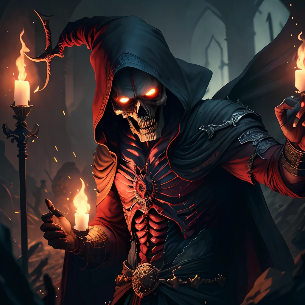 "A highly detailed and intense depiction of a terrifying necromancer, mid-shot and dramatically captured in ultra-detailed 8k wallpaper, showcasing intricate complexity."