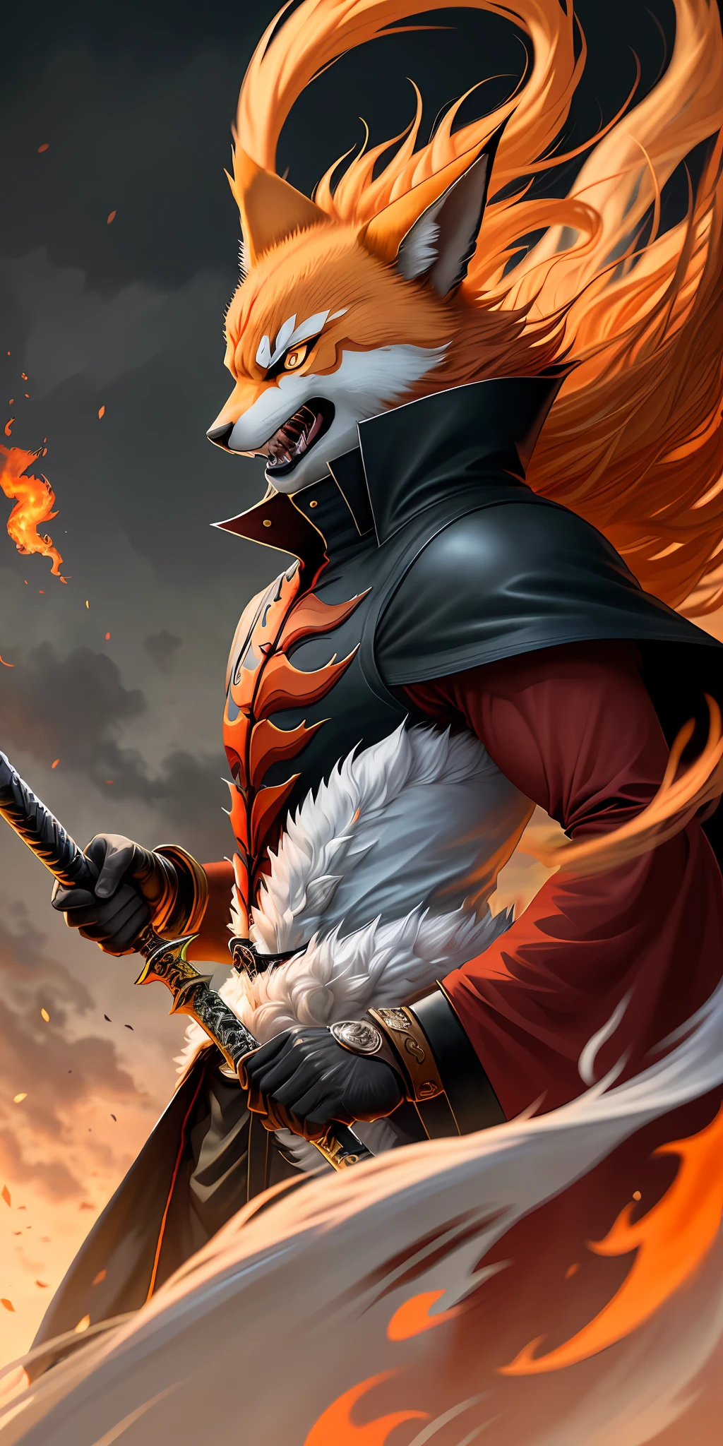 An illustration of Kurama the Nine Tails in the style of Zorro, with orange fur and white accents. Kurama should be depicted wearing Zorro's black hat and mask, with a thin, well-groomed mustache like Zorro's. His nine tails should be visible and spread out behind him in a dynamic and dramatic pose. Kurama should be holding Zorro's sword in his mouth, with a fierce expression on his face. The background should be a dark and moody setting, with subtle hints of moonlight to add to the drama. The illustration should have a highly realistic look with detailed anatomical features and textures, such as fur, clothing, and metal. Shot with a Canon EOS R5 camera, using a 50mm lens at f/2.8, with a fast shutter speed to freeze motion.