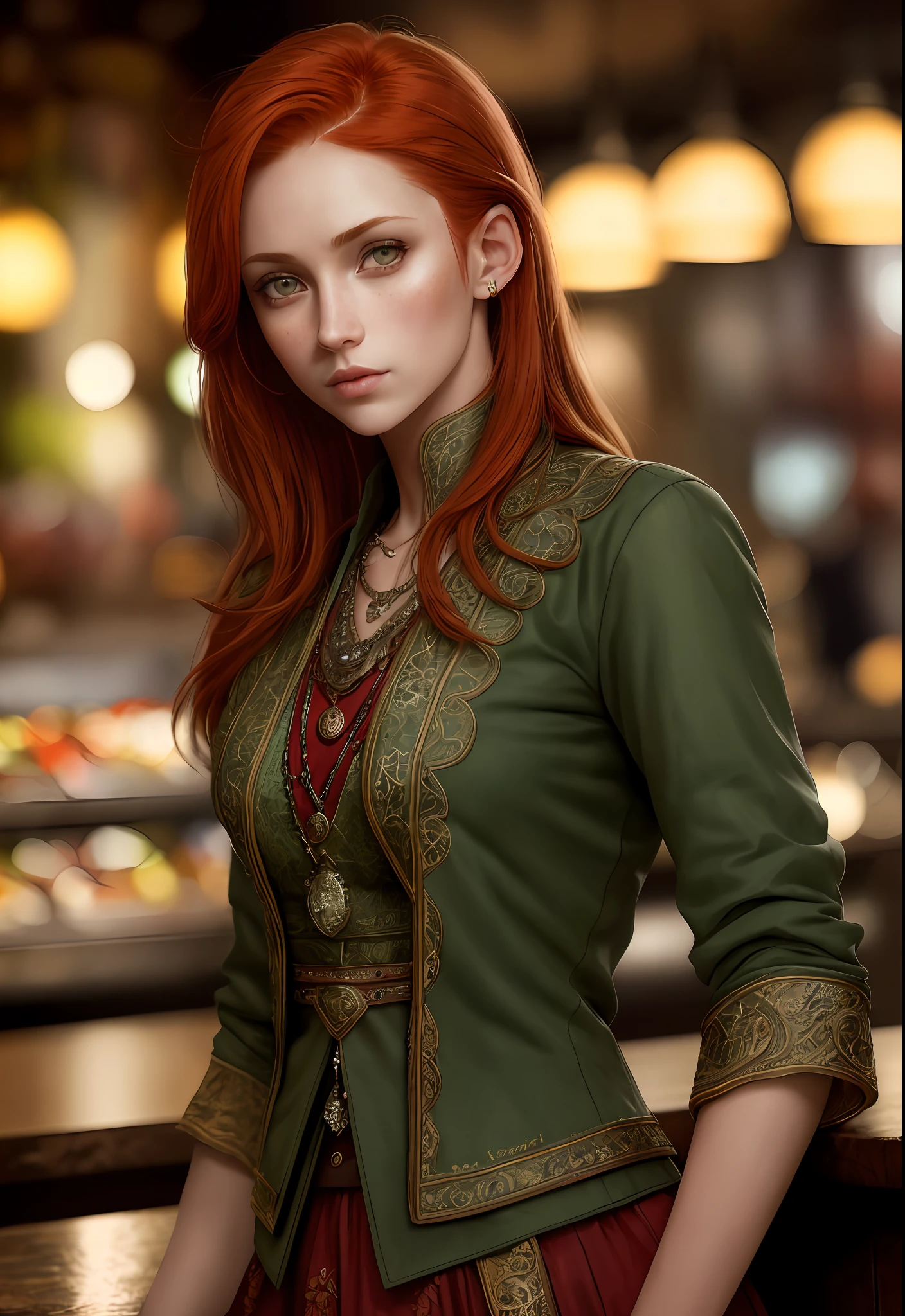 girl, red hair, green eyes, parted lips, looking at viewer, café background, modern, (dark shot:1.17), epic realistic, faded, ((neutral colors)), art, (hdr:1.5), (muted colors:1.2), hyperdetailed, (artstation:1.5), cinematic, warm lights, dramatic light, (intricate details:1.1), complex background, (rutkowski:0.8), (teal and orange:0.4), colorfull, (natural skin texture, hyperrealism, soft light, sharp:1.2), (intricate details:1.12), hdr, (intricate details, hyperdetailed:1.15)