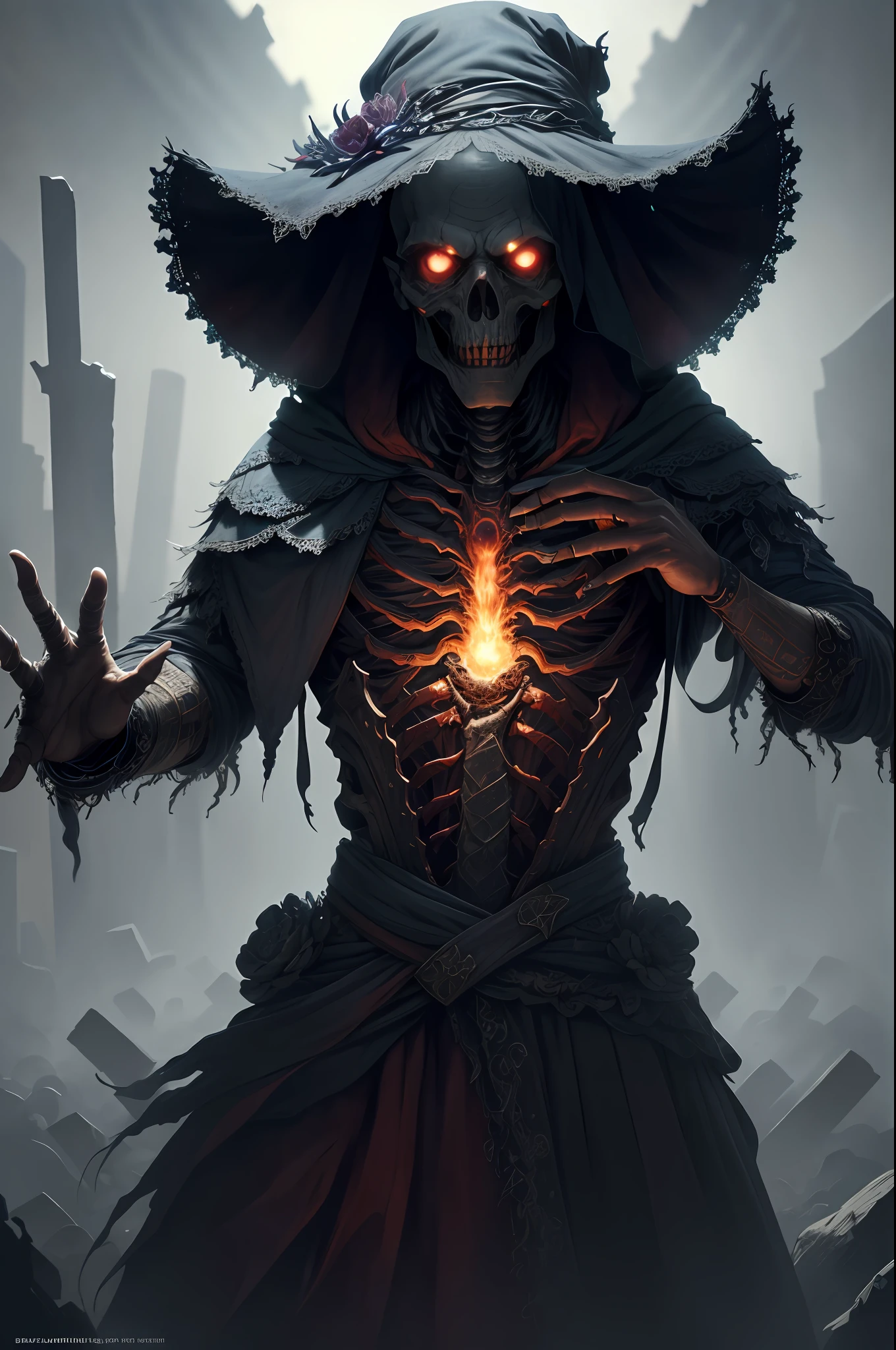 "A highly detailed and intense depiction of a terrifying necromancer, mid-shot and dramatically captured in ultra-detailed 8k wallpaper, showcasing intricate complexity."