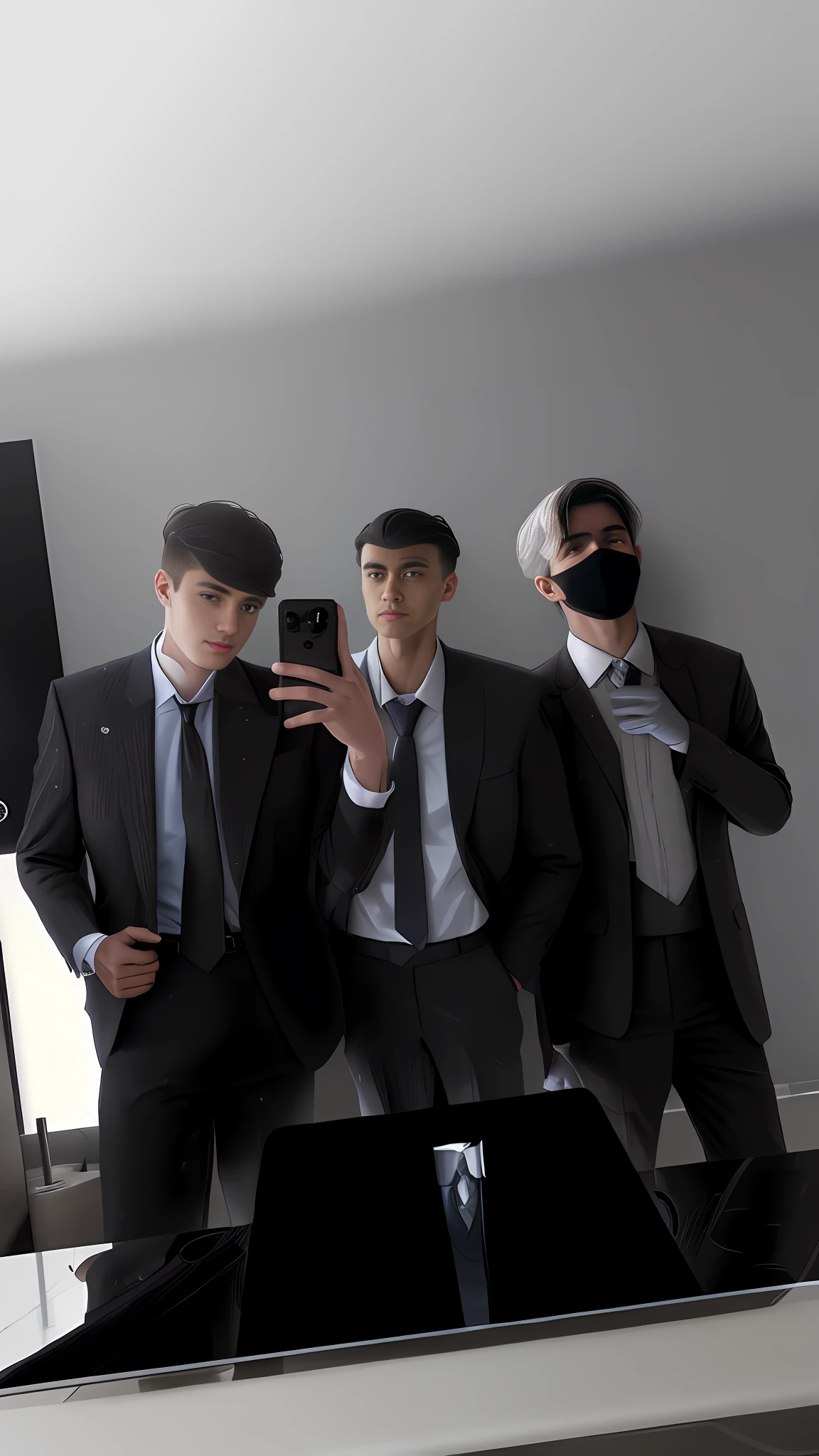 there are three men in suits taking a picture in a mirror, wearing suits!, wearing suit and tie, photo taken in 2 0 2 0, jk uniform, wearing a suit and tie, wearing a suits, old picture, smooth in _ the background, taken in the early 2020s, formal attire, suit and tie, album photo, wearing black suit