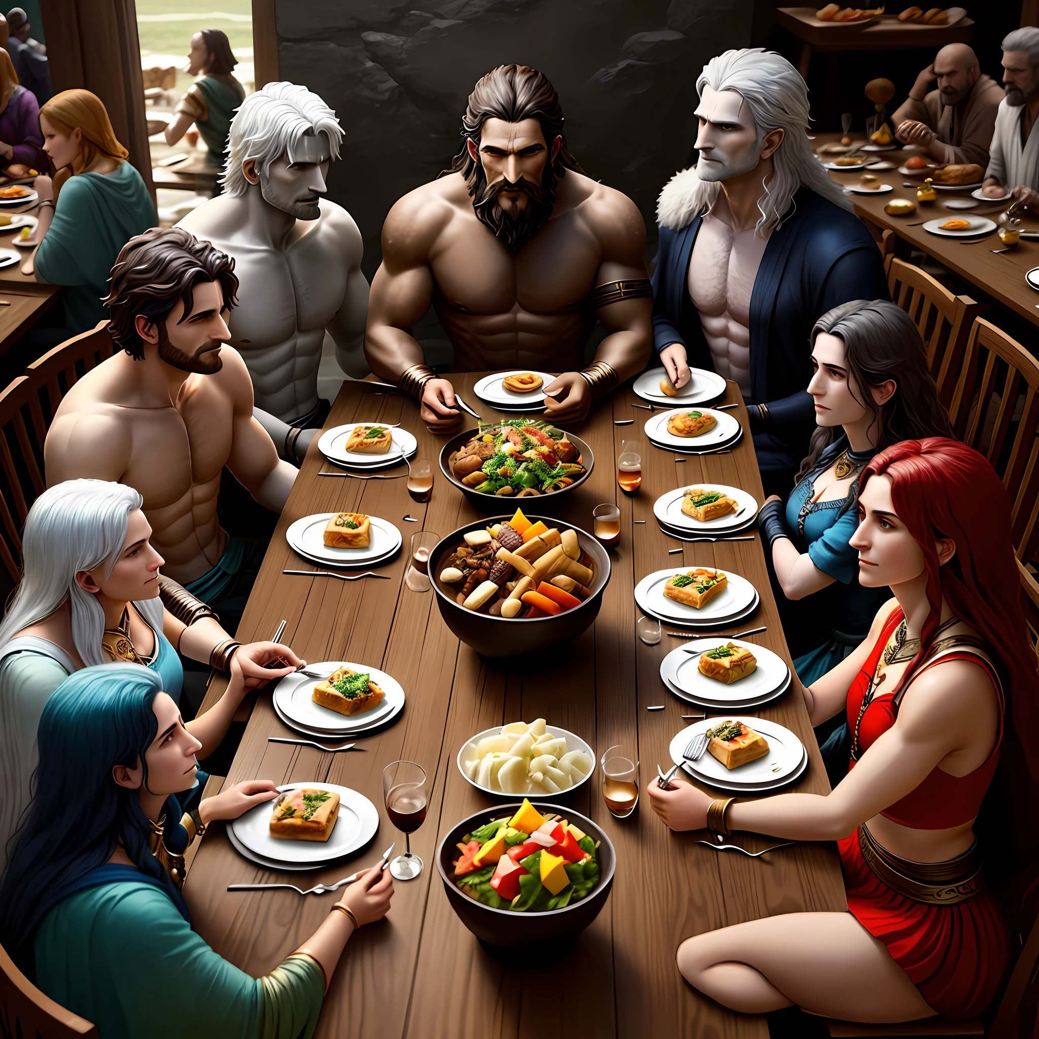 The gods of various mythologies gathered at a table for lunch, in detailed excellence and best quality.