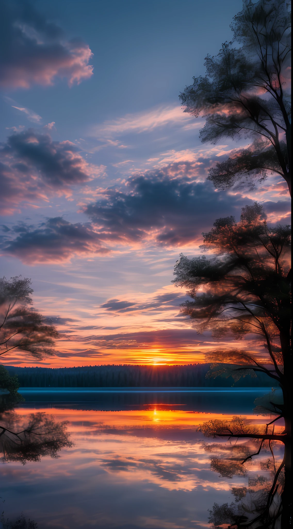 Wallpaper, summer, lake, dawn, forest, clouds, dawn background, depth of field, HD detail, hyperdetail, cinematic, soft light, deep field focus bokeh, ray tracing, diffuse (ultra-fine glass reflection) and realism. --v6