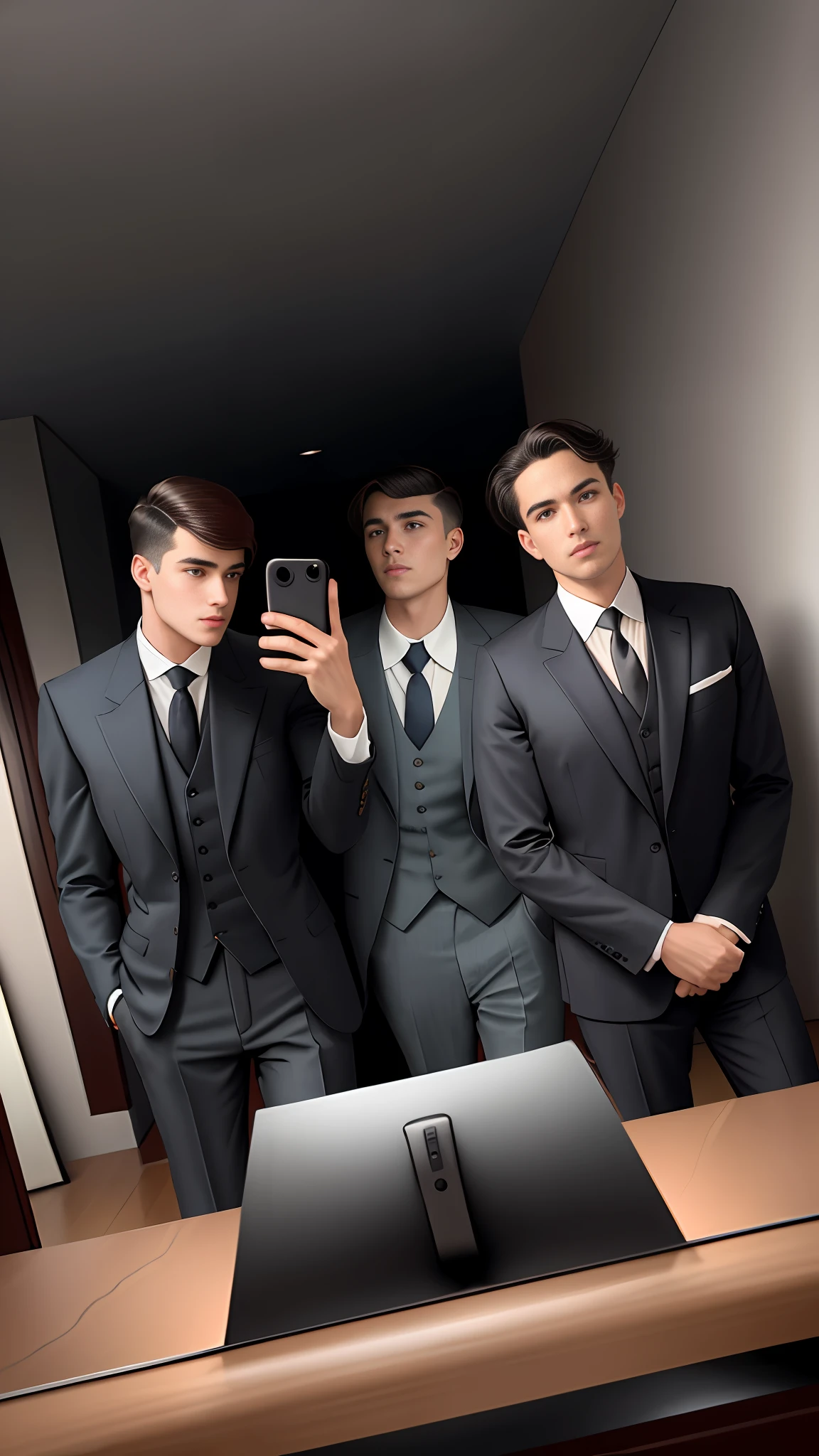 there are three men in suits taking a picture in a mirror, wearing suits!, old picture, profile pic, profile picture, photo taken in 1 9 2 0, blurry image, high quality photograph, smooth in _ the background, formal attire, blurry photo, picture, high quality picture, taken in the early 1920s, profile image