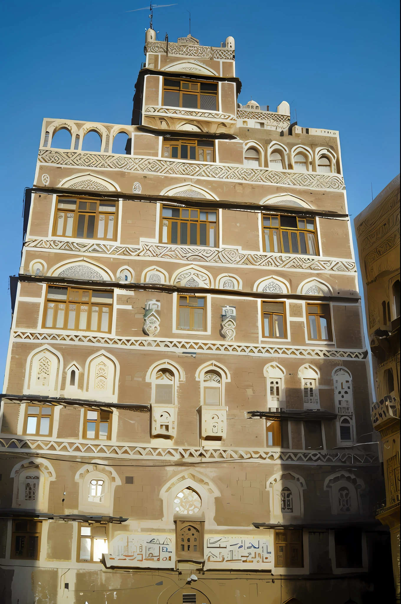 Arfed building with a clock above it, Arabic architecture, highly decorated, full building, old Sana'a, Yemeni architecture, , seen from afar, very decorated, seen from outside, ornate balconies, elaborate mesh balconies, facing the building, Sana'ani architecture, Yemeni architecture, World heritage in Yemen, ancient, ornate architecture, tile ornate architecture, highly decorated